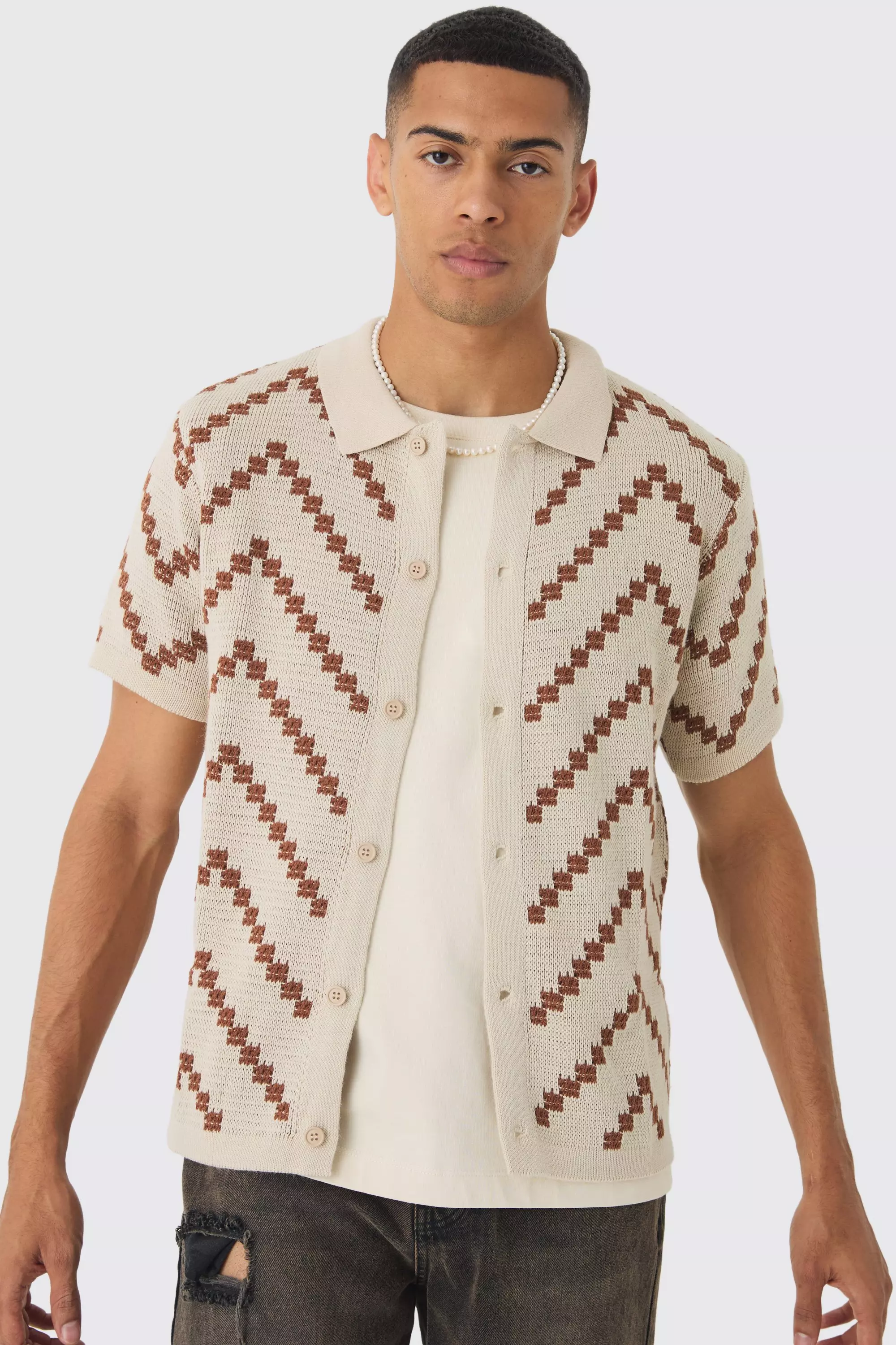 Camicia In Maglia Traforata A Righe Color Ecru immagine alternativa