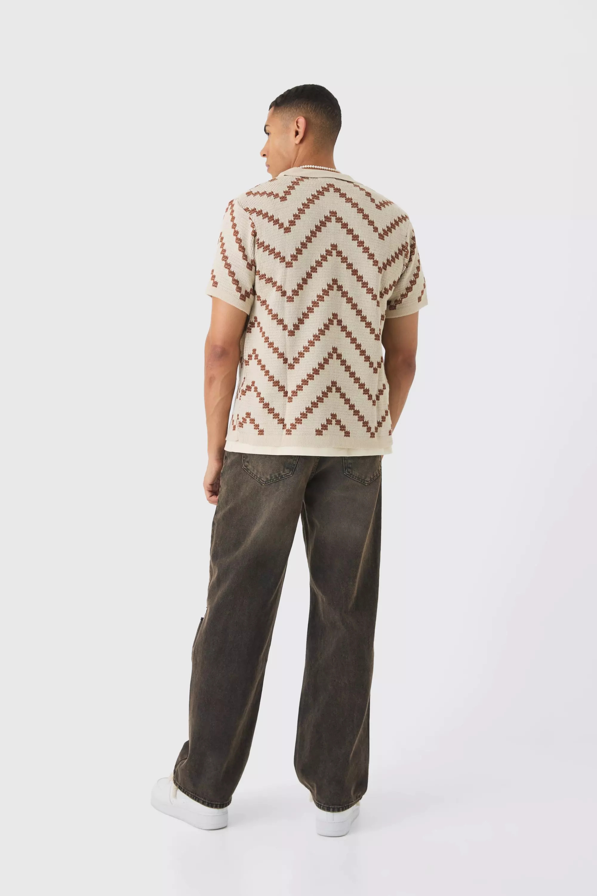 Camicia In Maglia Traforata A Righe Color Ecru immagine alternativa