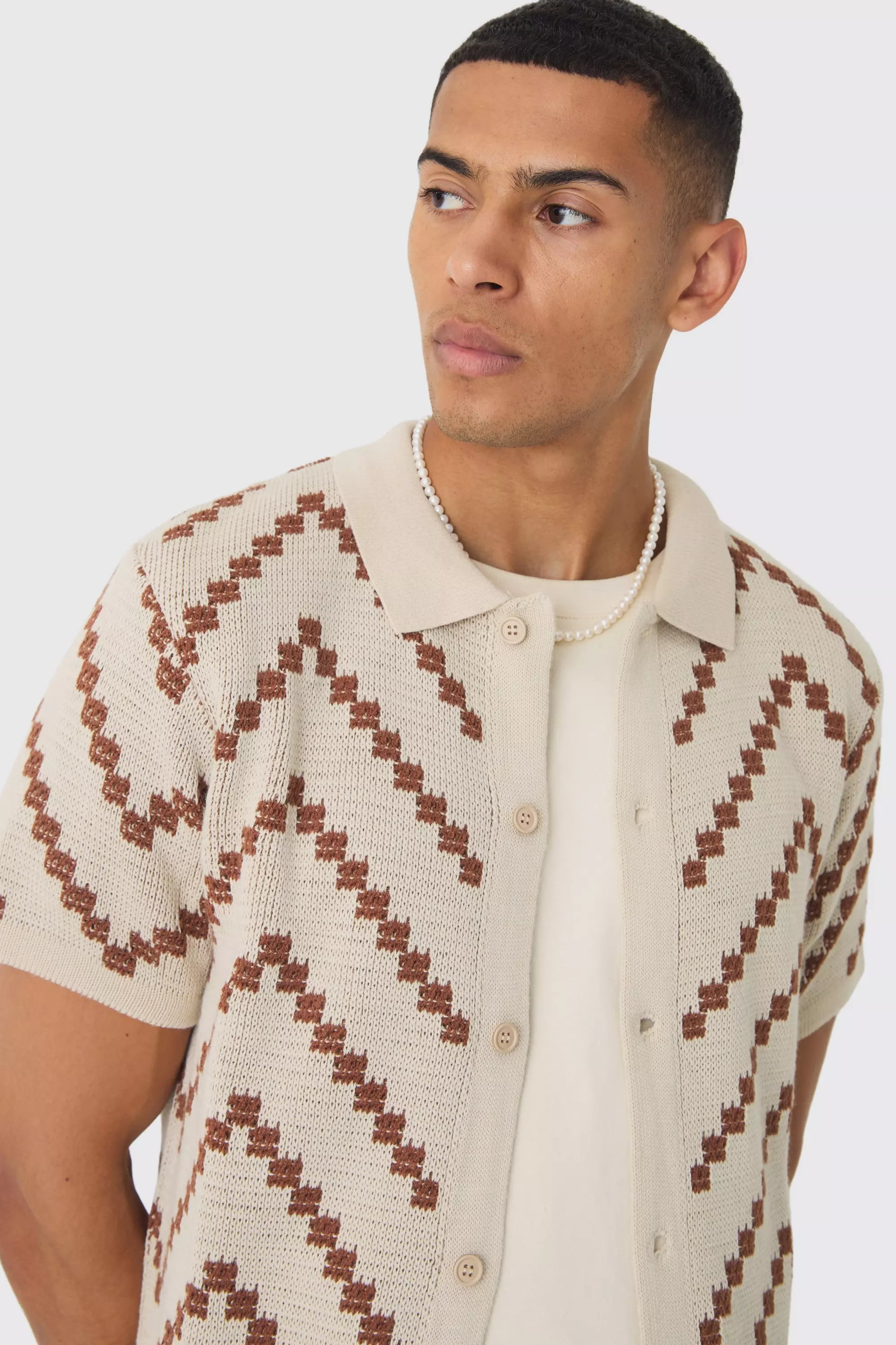 Camicia In Maglia Traforata A Righe Color Ecru immagine alternativa