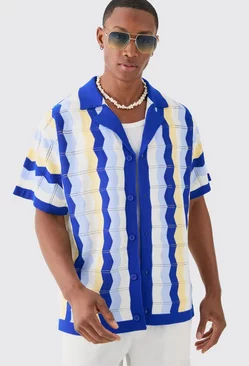 Oversized Boxy Revere Open Knit Stripe Shirt In Blue Blue