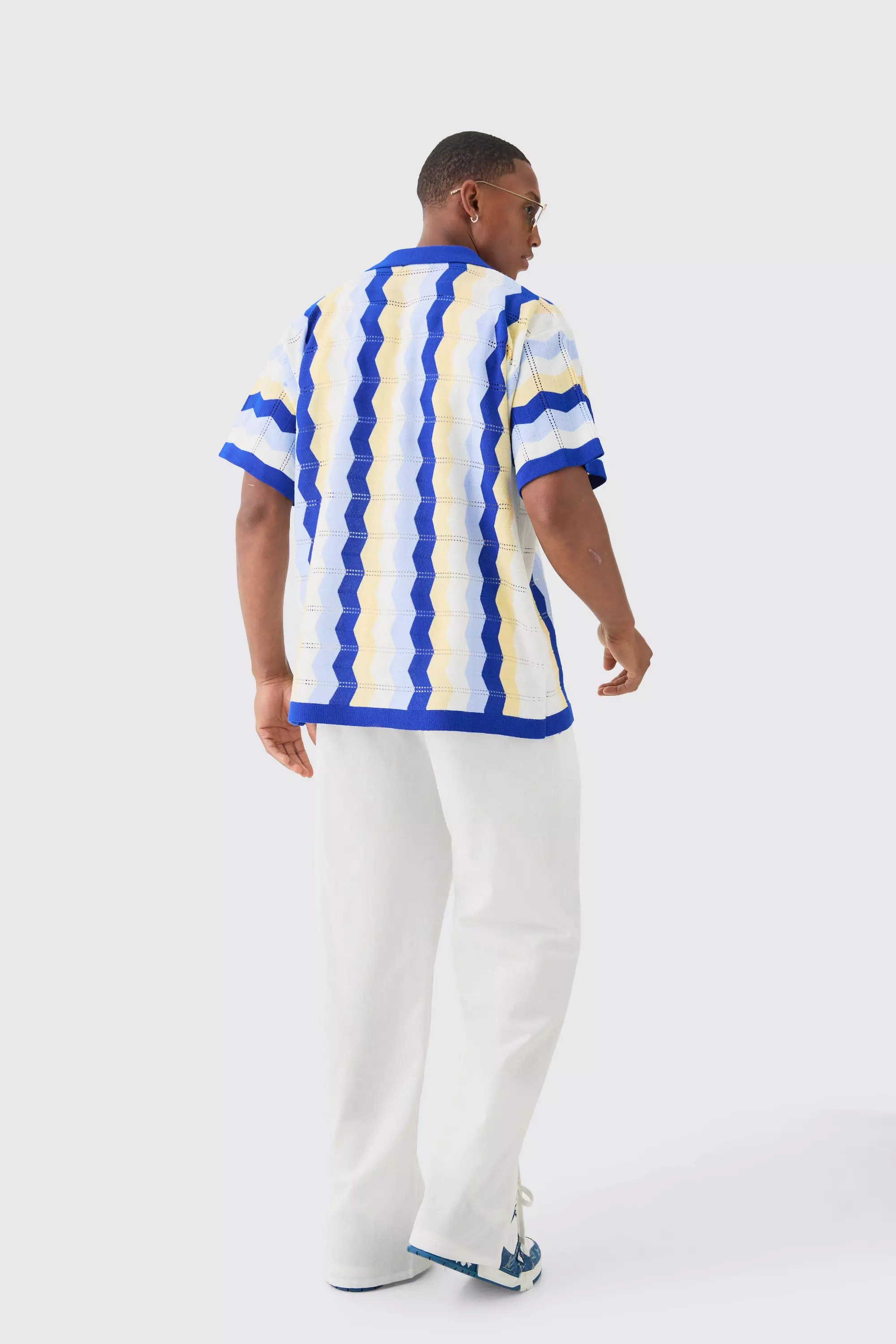 Oversized Boxy Revere Open Knit Stripe Shirt In Blue | boohooMAN USA