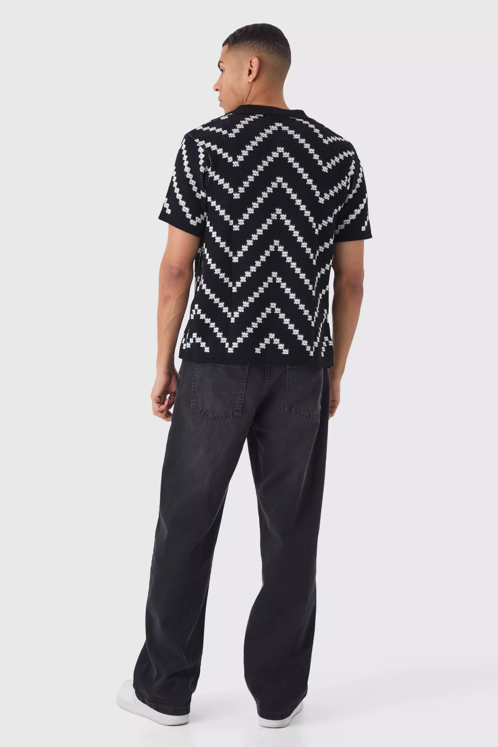 White Open Knit Stripe Shirt In Black alternative image