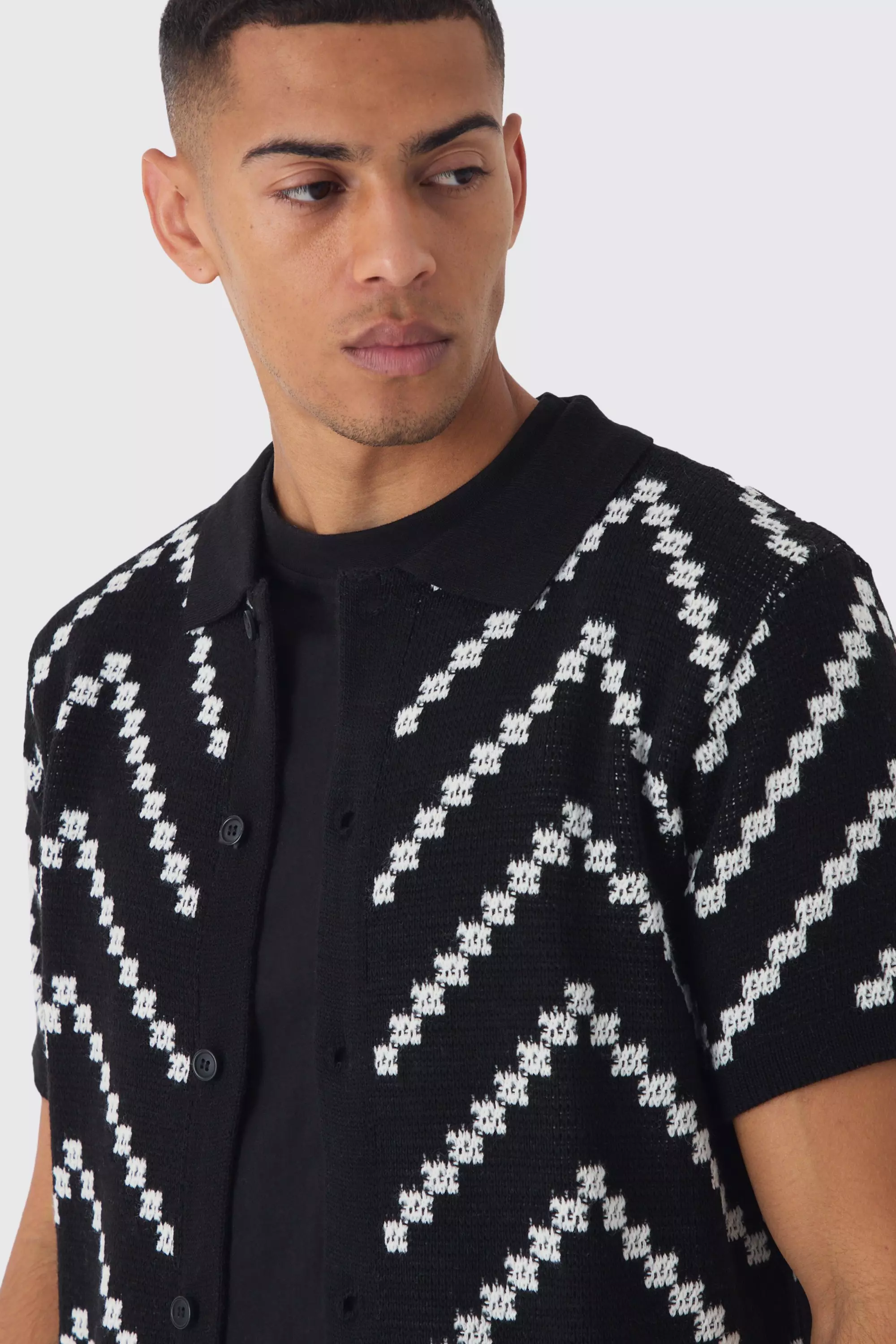 White Open Knit Stripe Shirt In Black alternative image