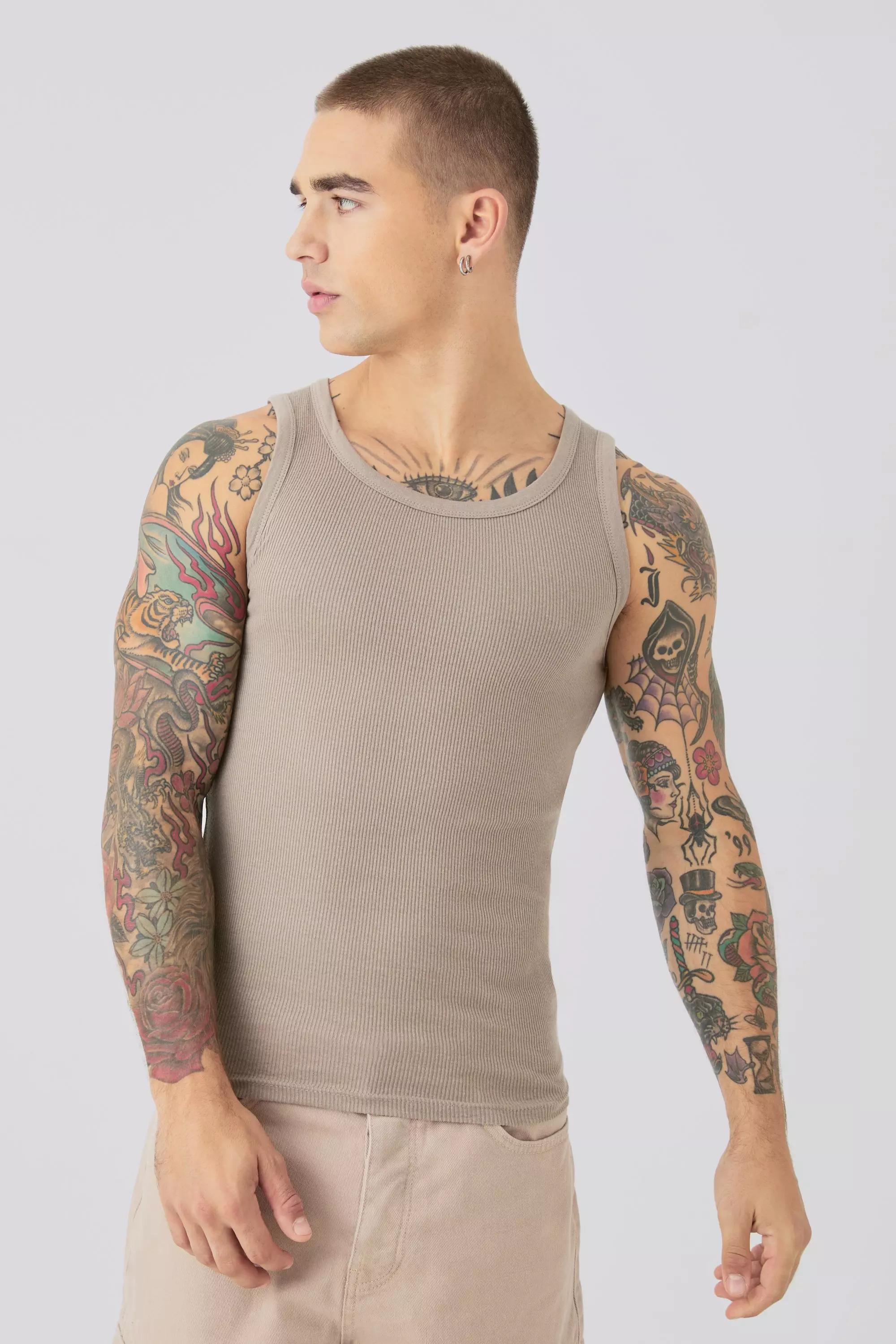 Muscle Fit Ribbed Vest Taupe