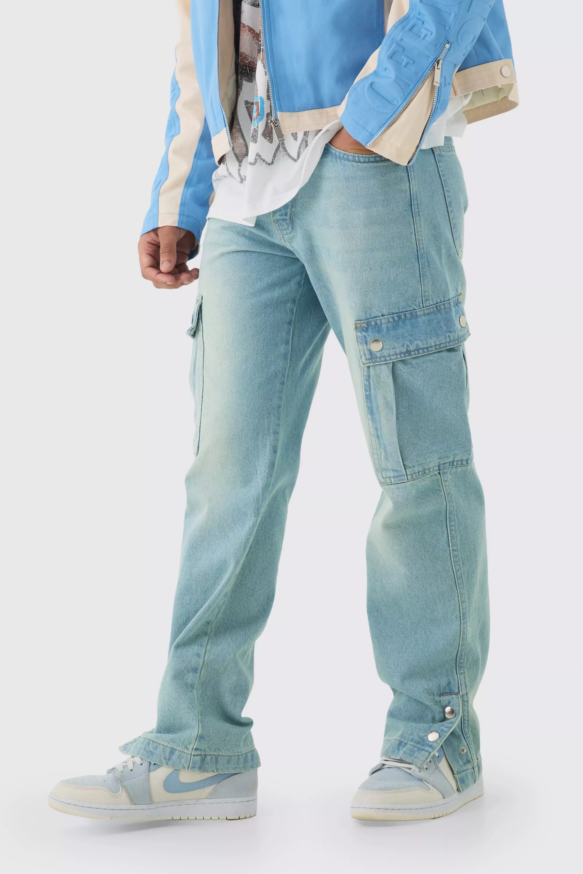 Lockere Cargo-Jeans mit Druckknöpfen, Antique blue alternatives Bild