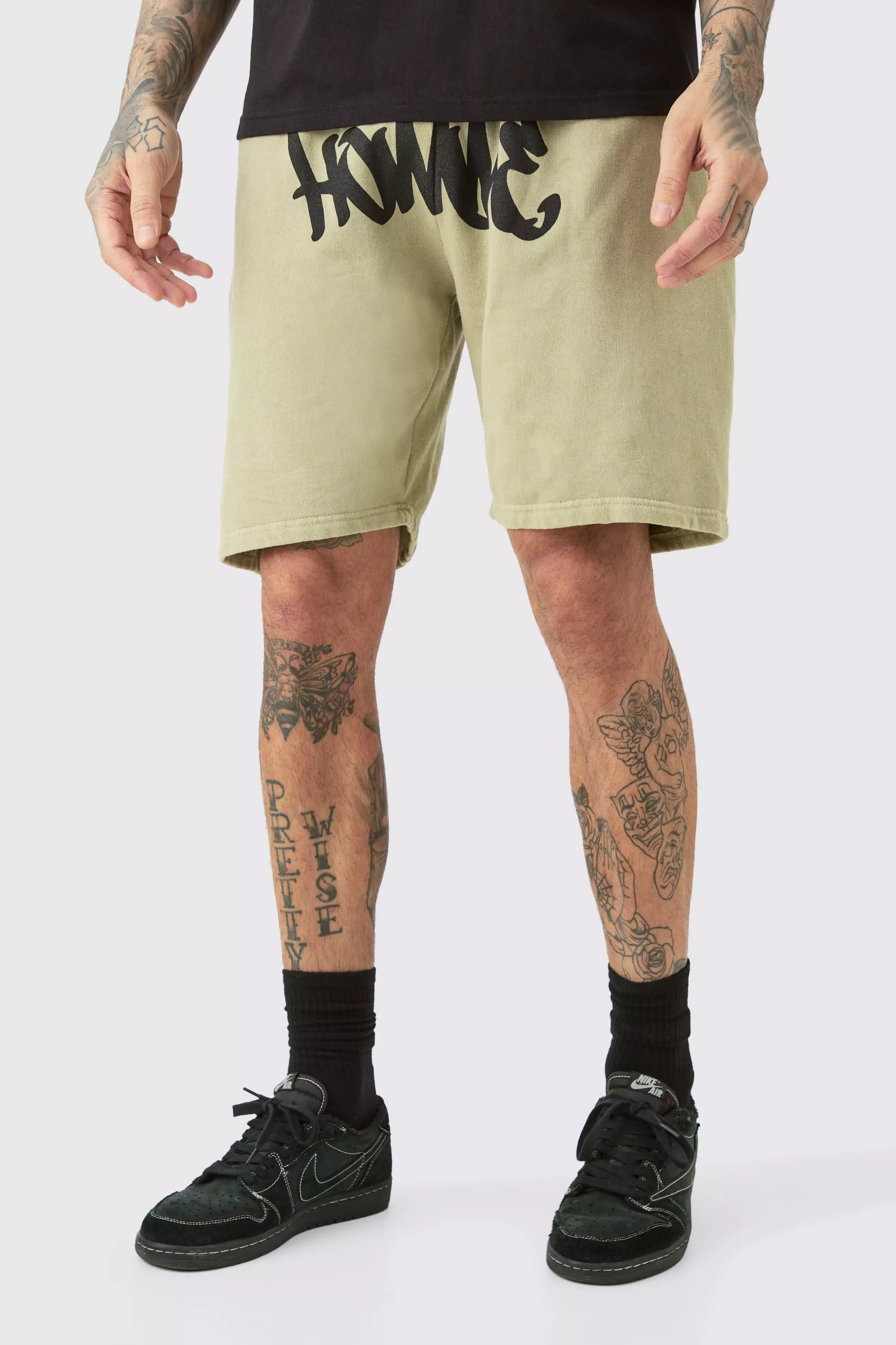 Sage Green Tall Loose Fit Overdye Homme Graffiti Sweat Shorts