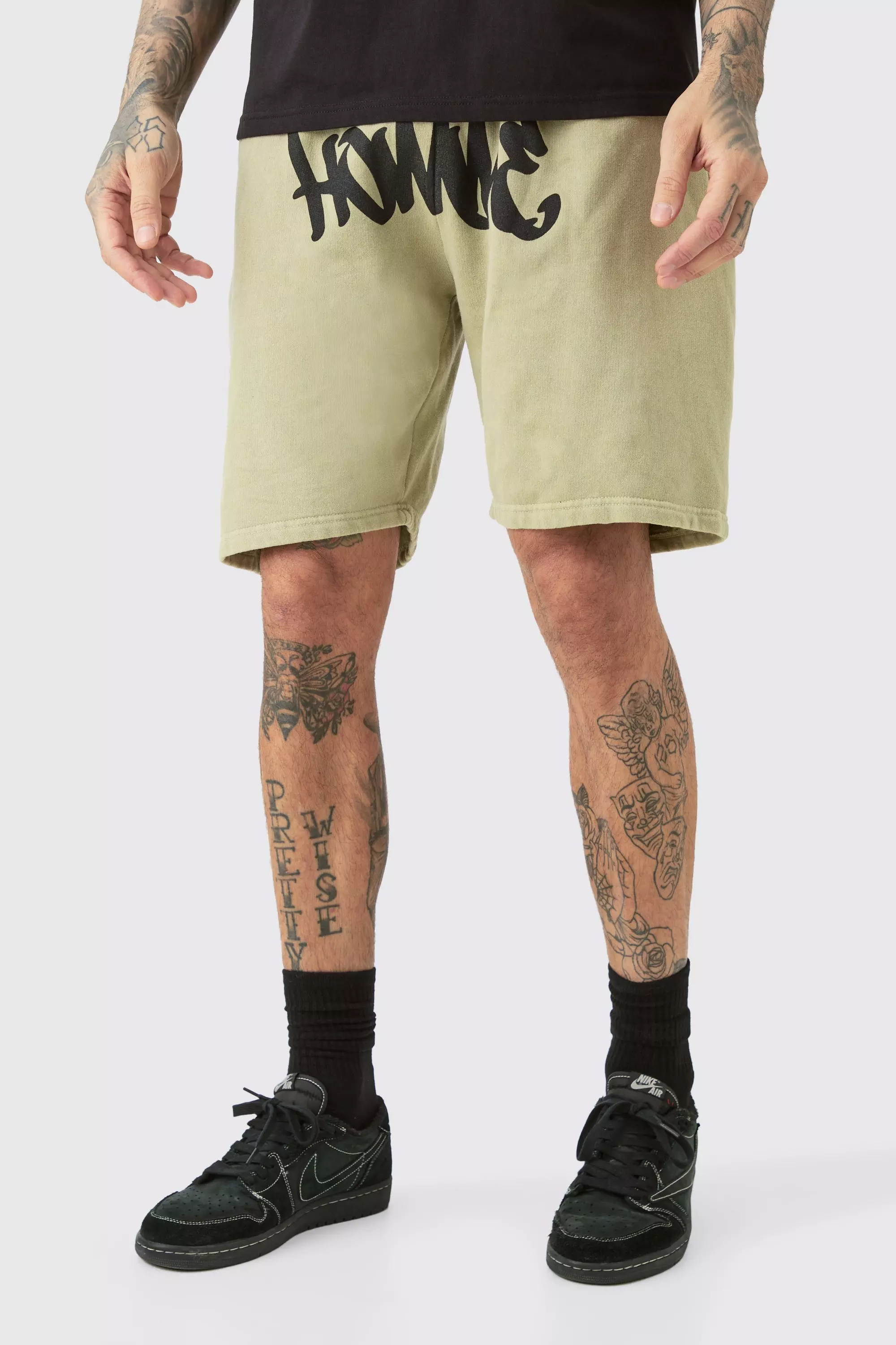 Sage Green Tall Loose Fit Overdye Homme Graffiti Jersey Shorts