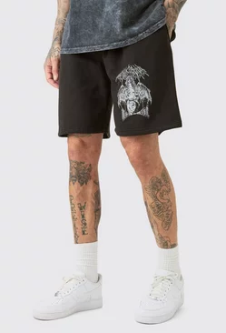 Black Tall Oversized Fit Gothic Print Jersey Shorts