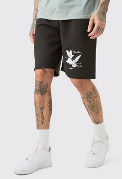 Black Tall Oversized Fit Dove Print Jersey Shorts