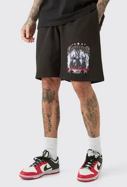Black Tall Oversized Fit Dog Print Jersey Shorts