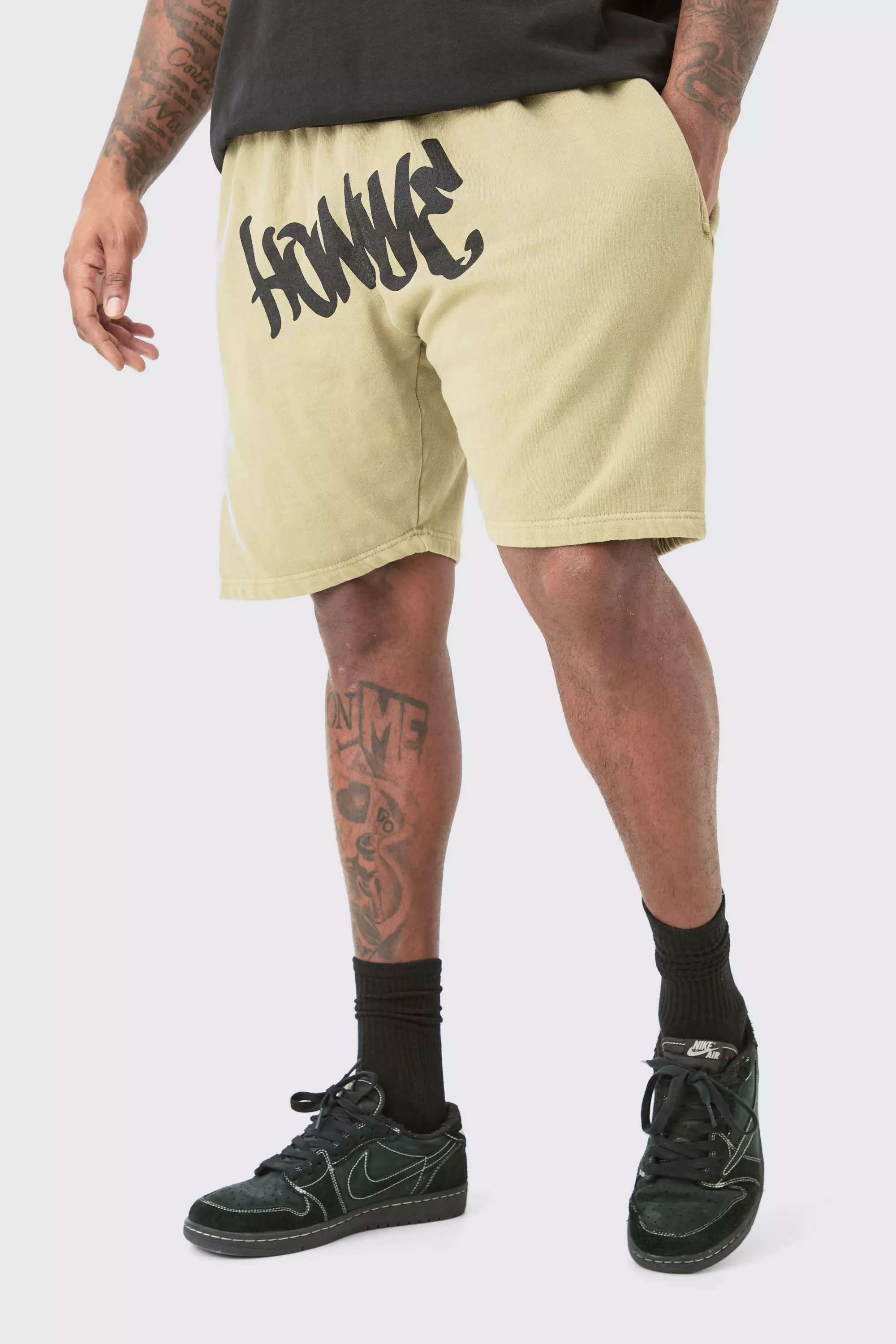 Sage Green Plus Loose Fit Overdye Homme Graffiti Jersey Shorts