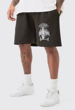 Plus Oversized Fit Gothic Print Jersey Shorts Black