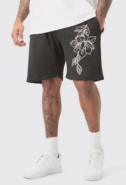 Plus Loose Fit Line Drawing Jersey Shorts Black