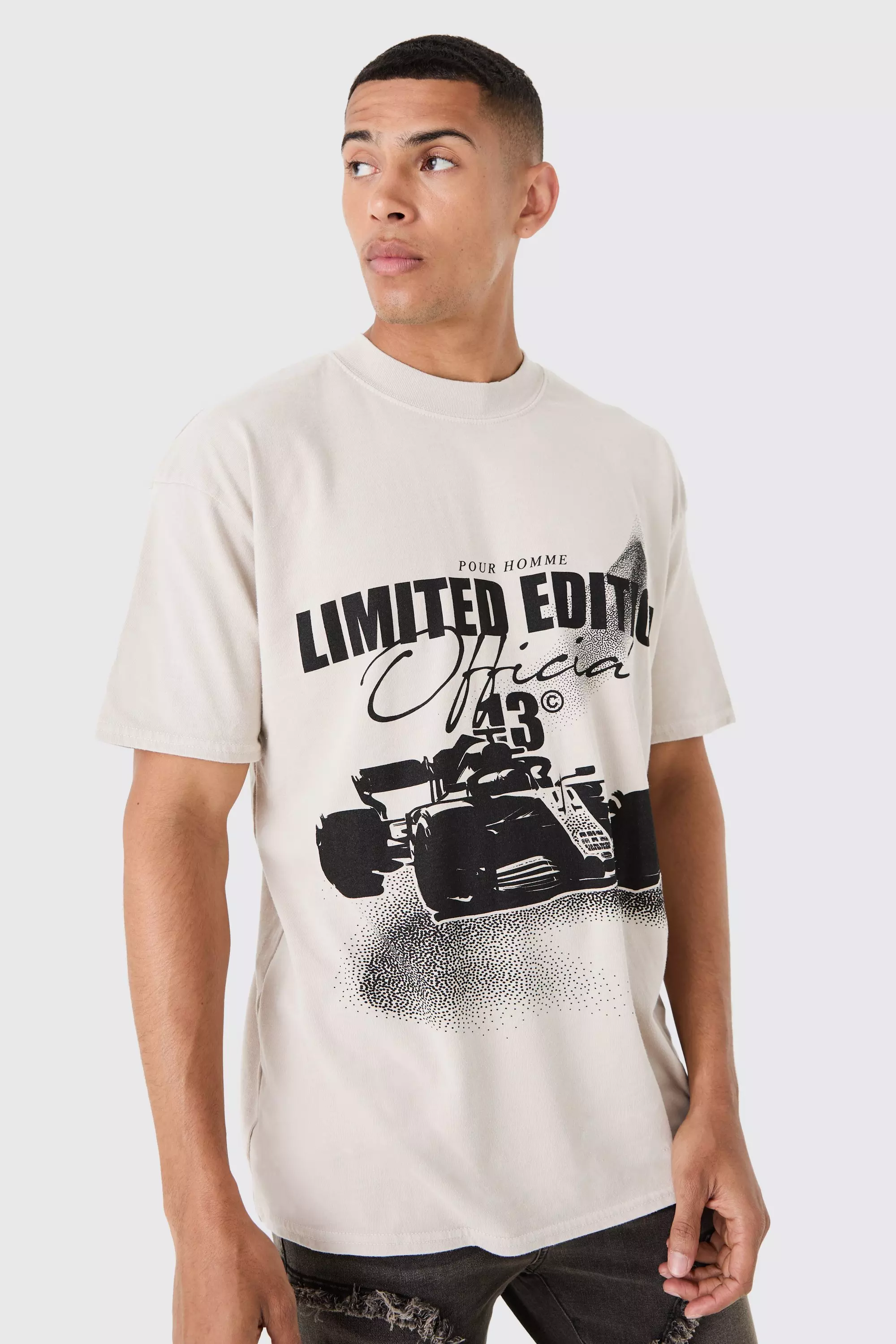 Oversized Washed Race Car Print T-shirt Ecru