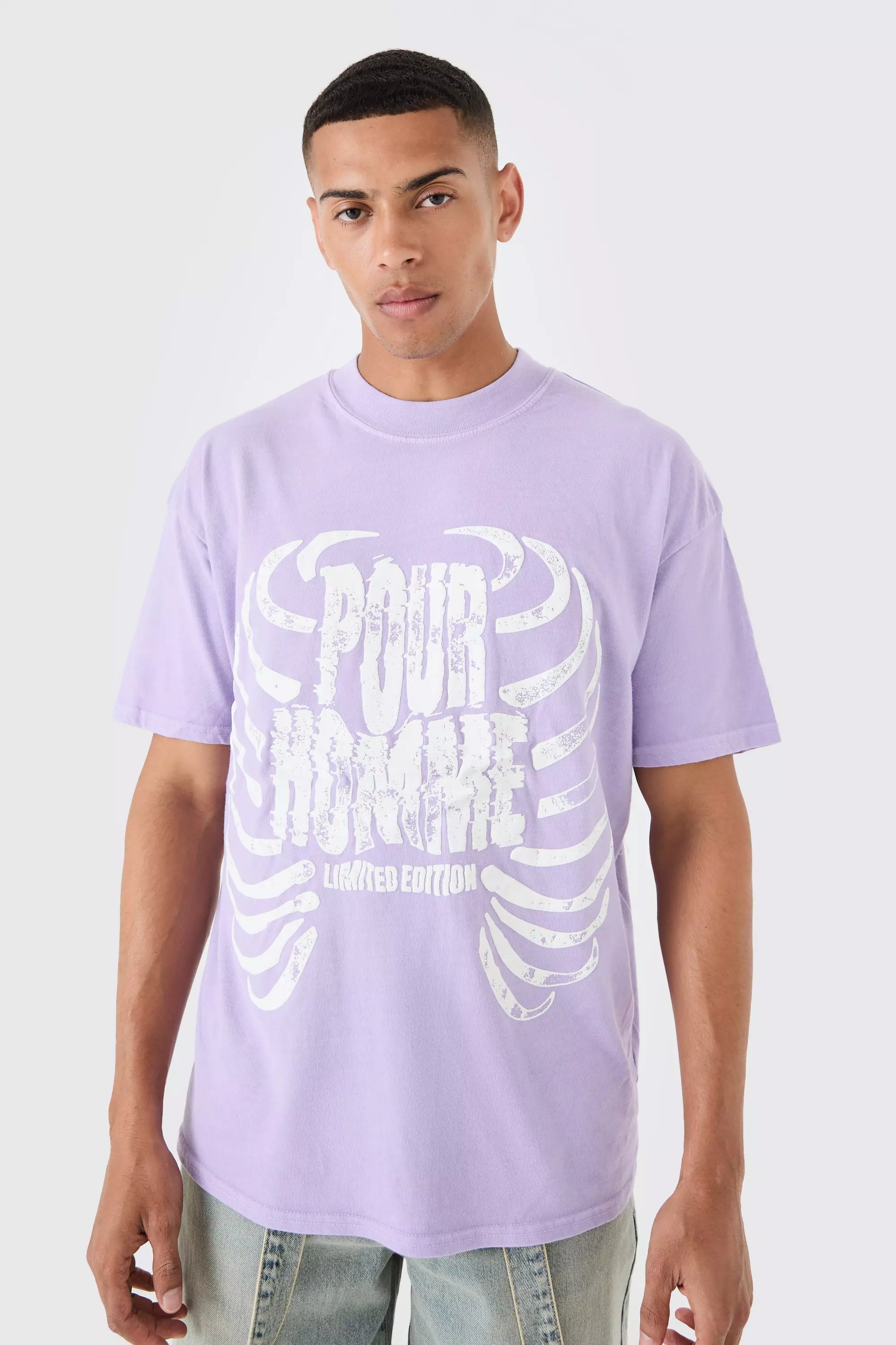 Loose Washed Ribcage Print T-shirt Purple