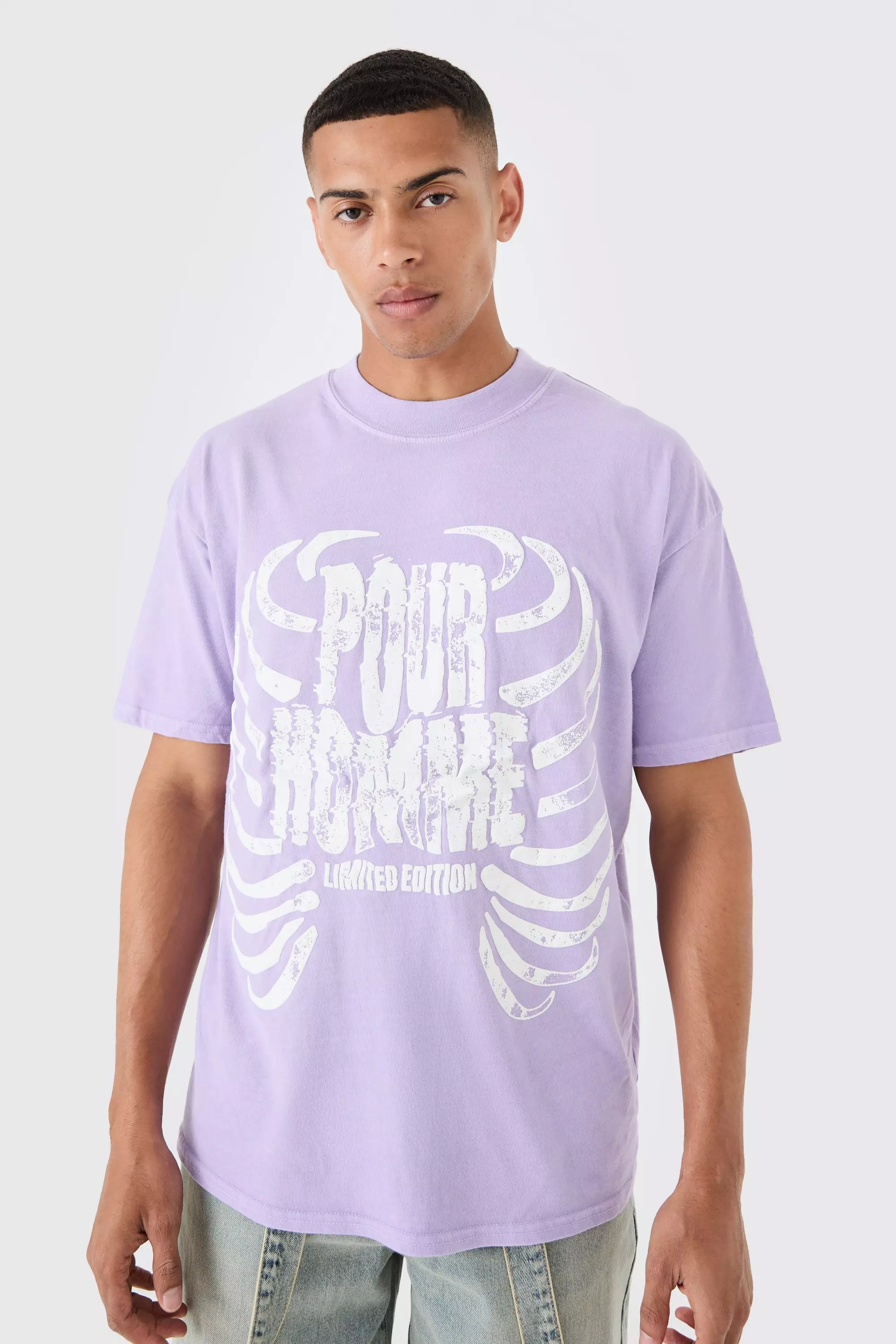 Oversized Washed Ribcage Print T-shirt Purple