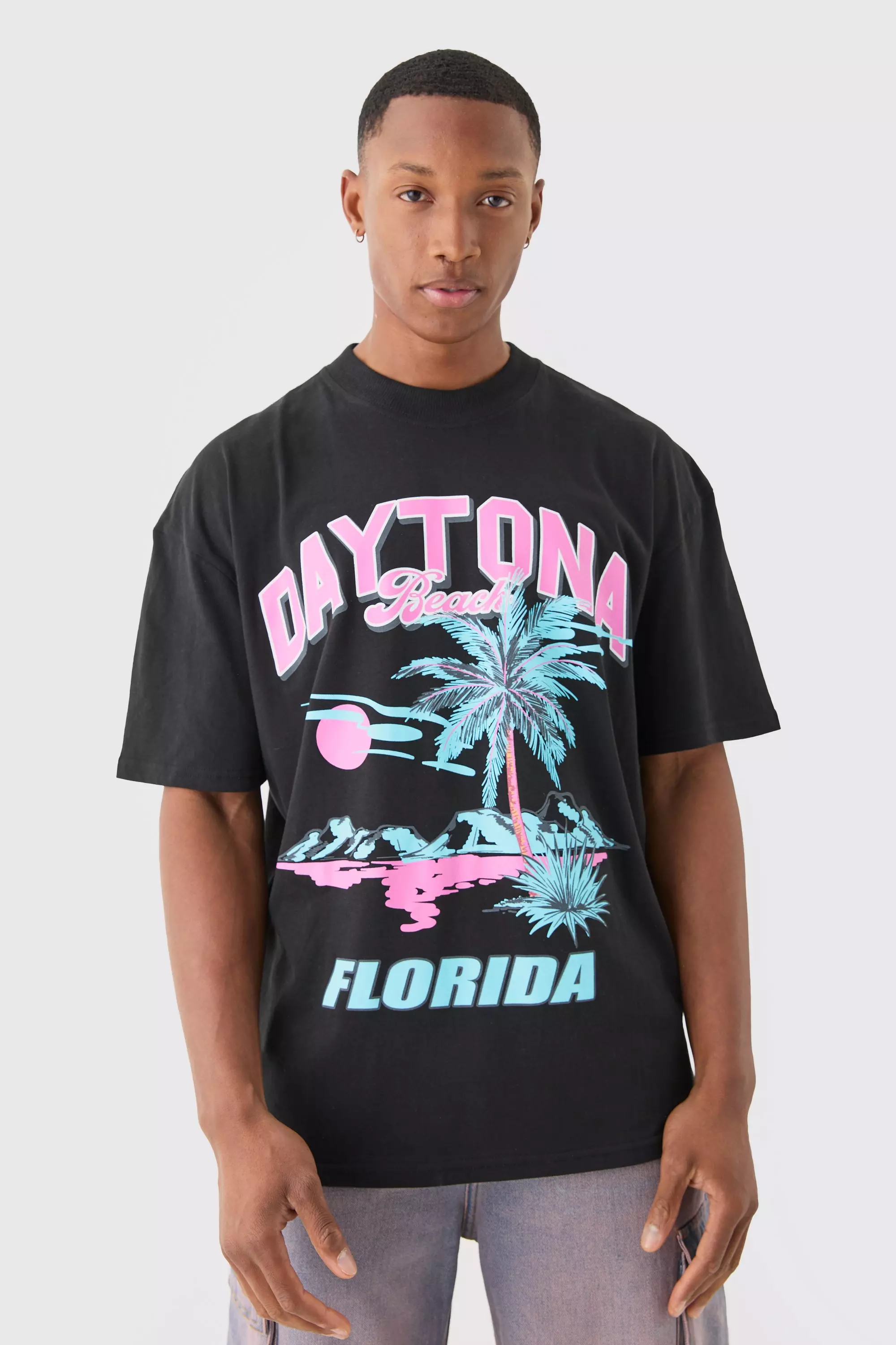 Oversized Daytona Florida Print T-shirt Black