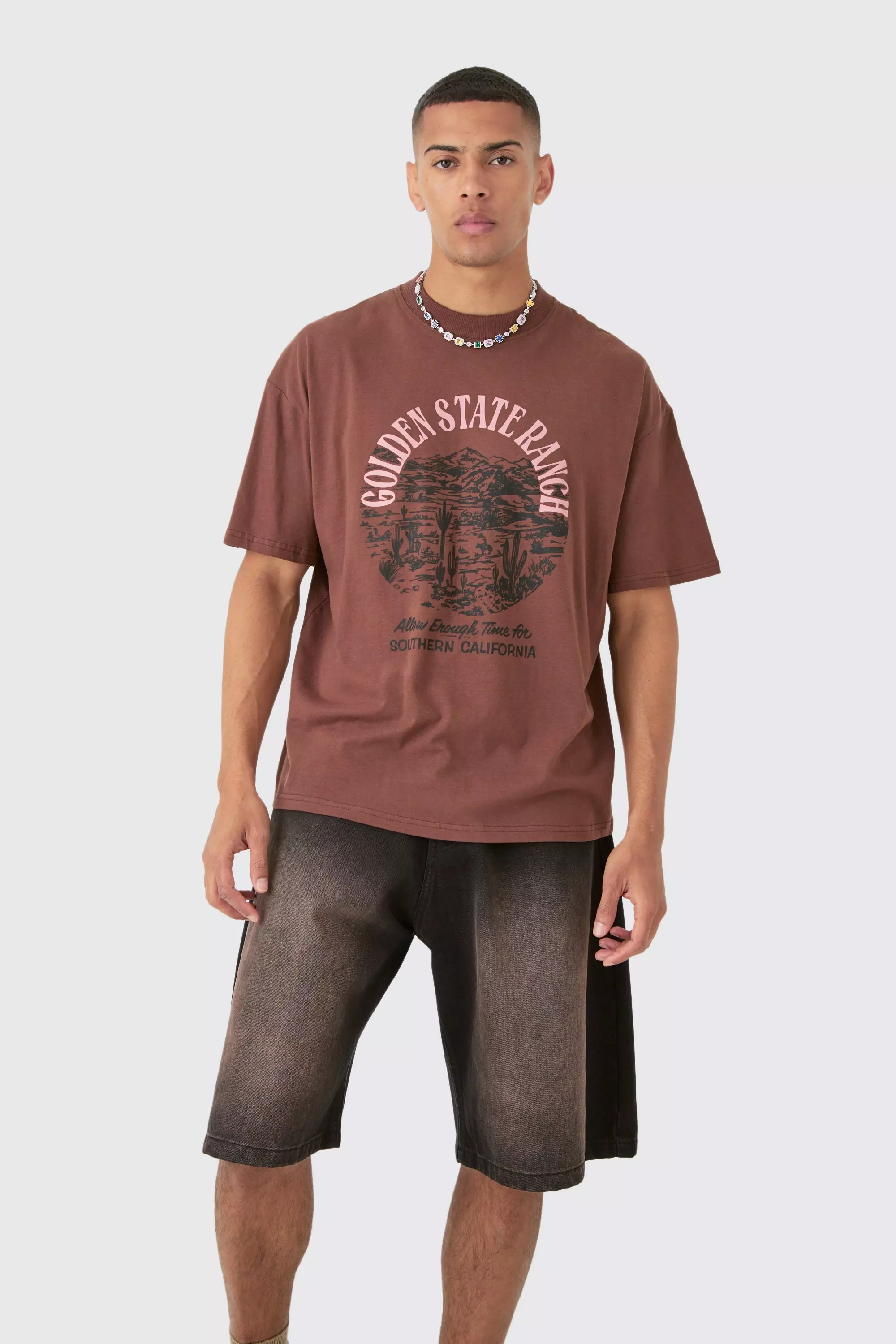 Chocolate Brown Oversized Washed Golden State Ranch T-shirt
