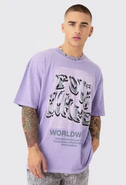 Purple Oversized Washed Homme Text Print T-shirt