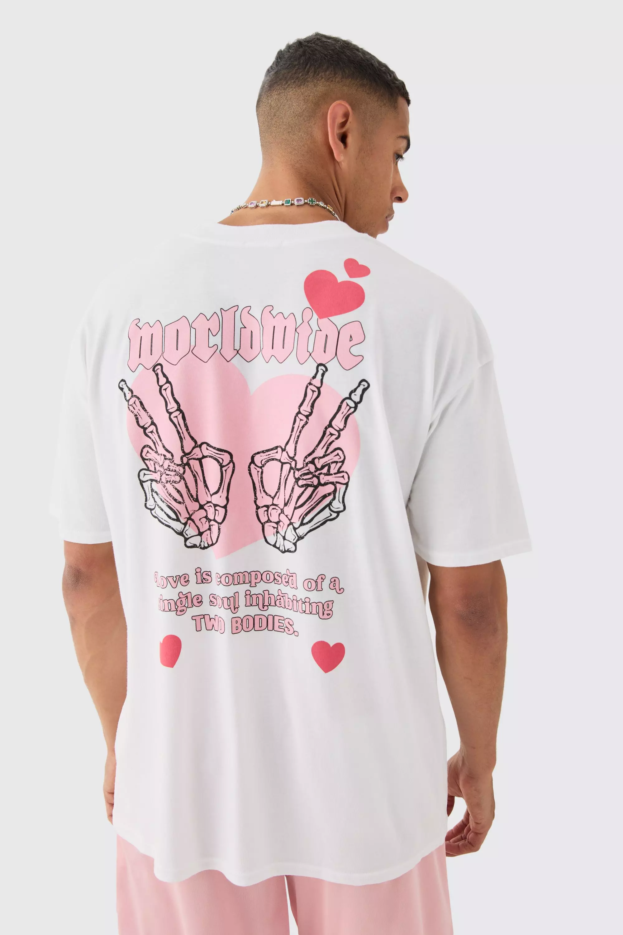 White Oversized Heart Skeleton Print T-shirt