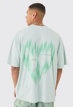 Sage Green Oversized Extended Neck Wash Flame Heart T-shirt