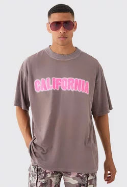 Oversized Extended Neck Acid Wash Distressed California T-shirt Chocolate
