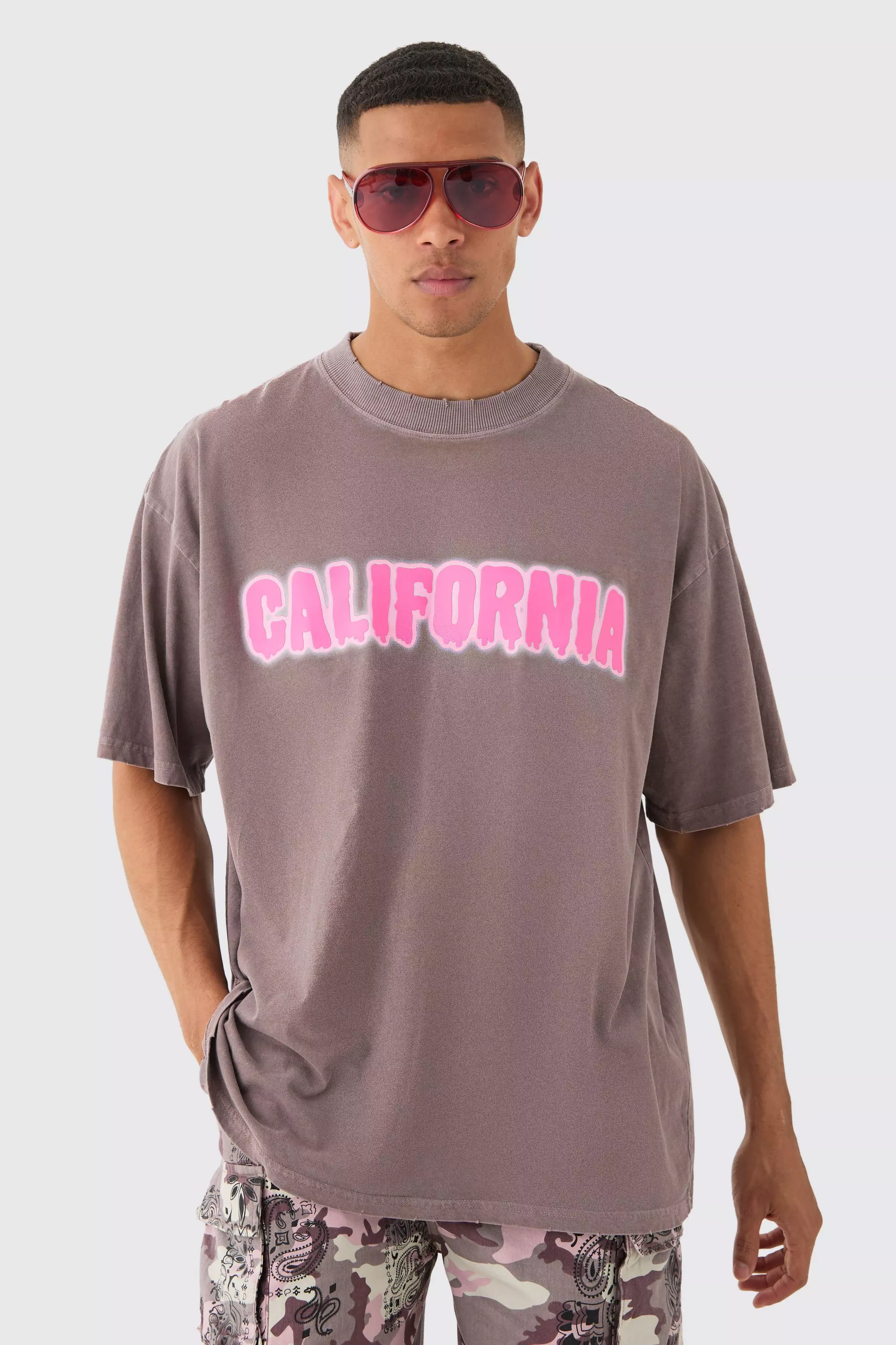 Chocolate Brown Oversized Extended Neck Acid Wash Distressed California T-shirt