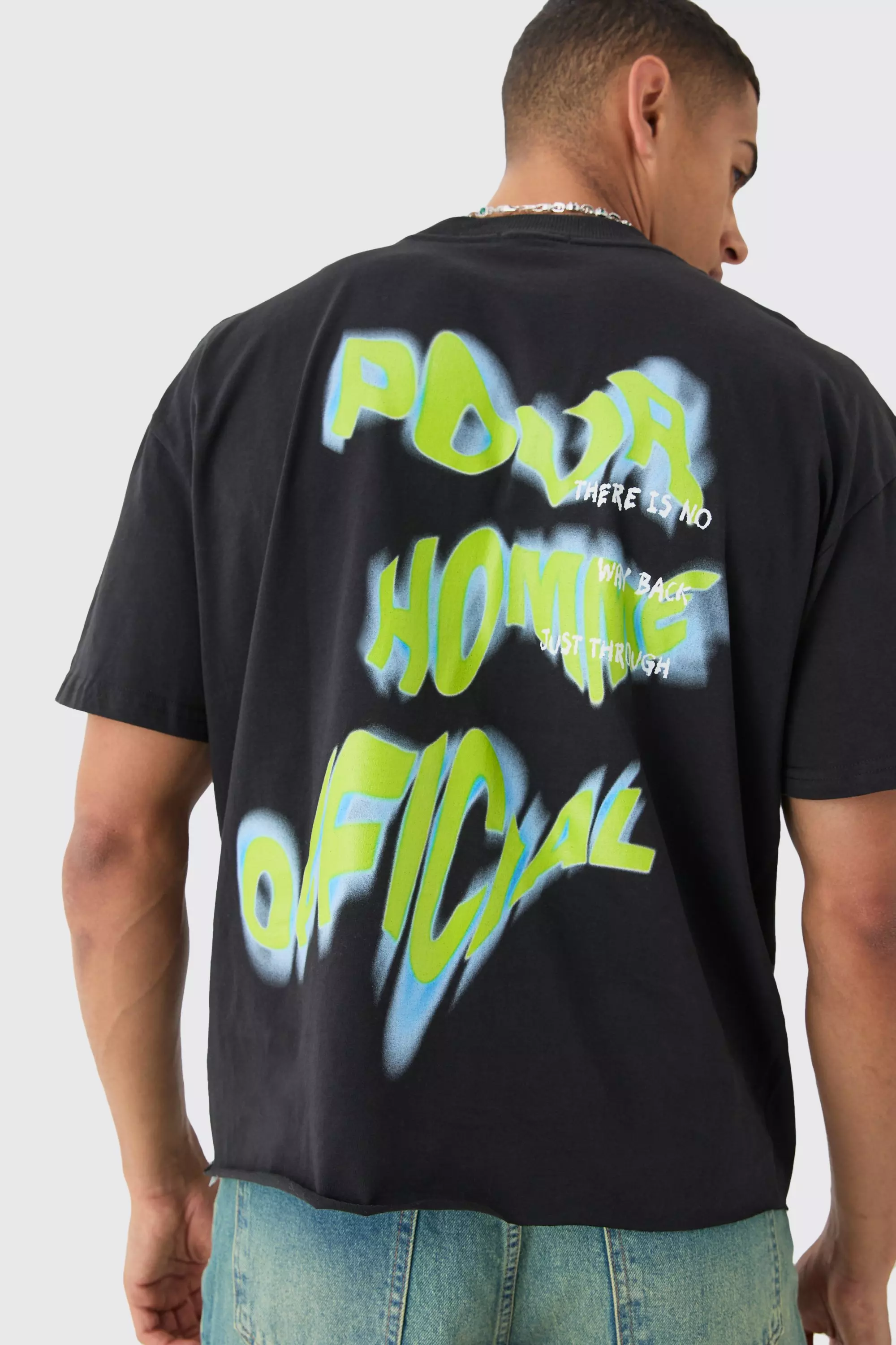 Black Oversized Boxy Extended Neck Homme Print T-shirt