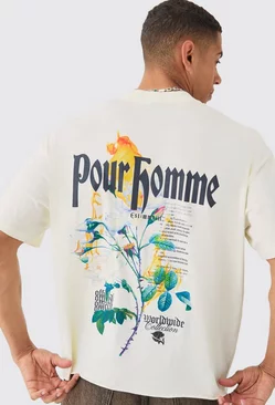 Oversized Boxy Extended Neck Floral Print Wash T-shirt Ecru