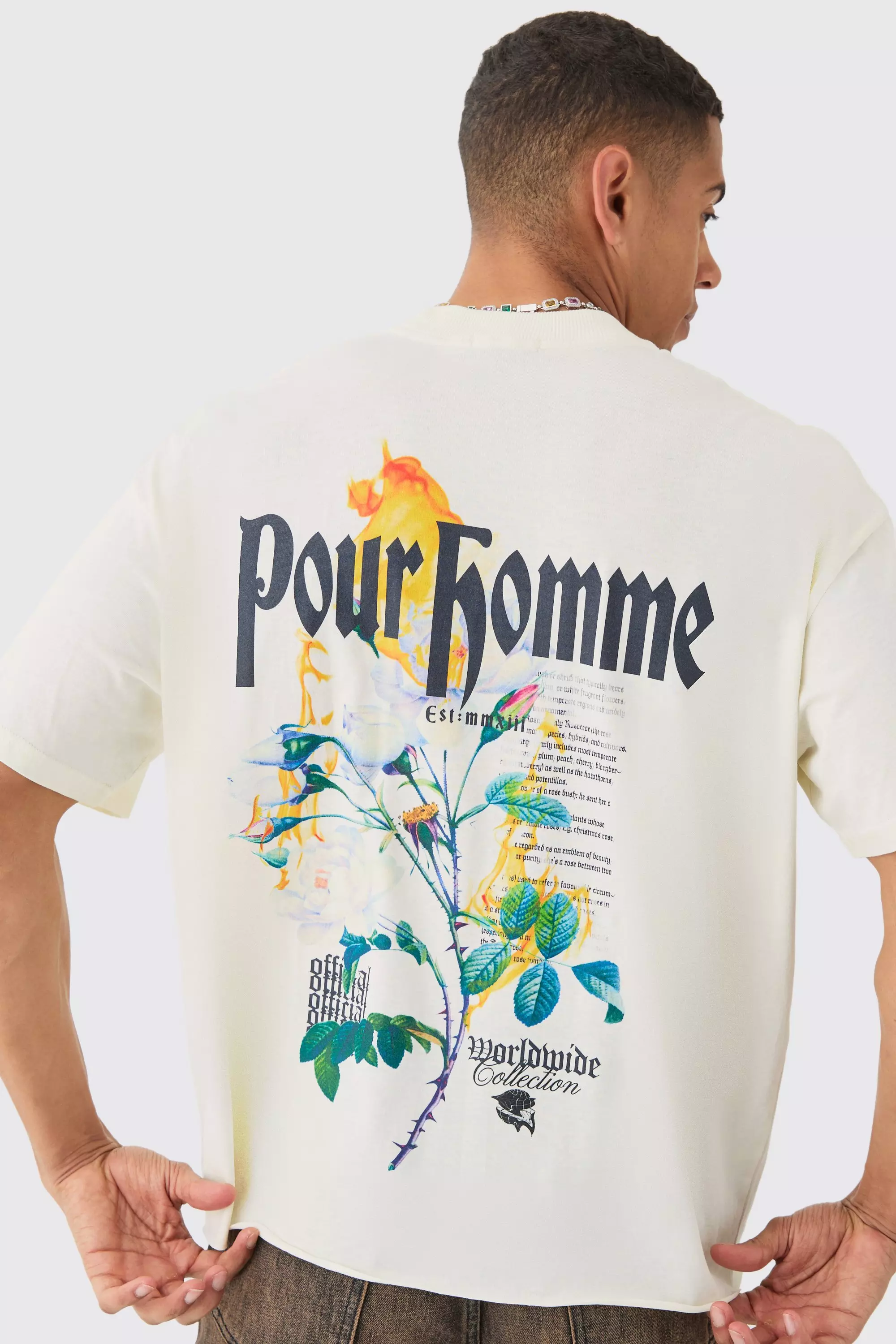 Oversized Boxy Extended Neck Floral Print Wash T-shirt Ecru