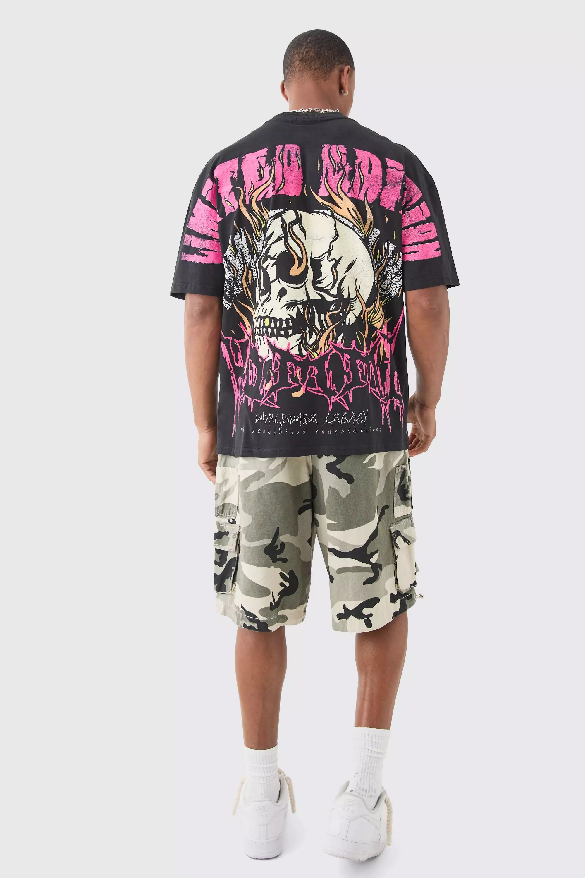 Oversized Extended Neck Over The Seam Gothic Back Print T-shirt | boohooMAN USA