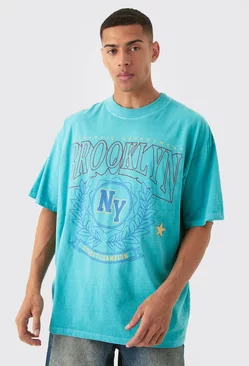 Oversized Extended Neck Wash Varsity Brooklyn T-shirt Green