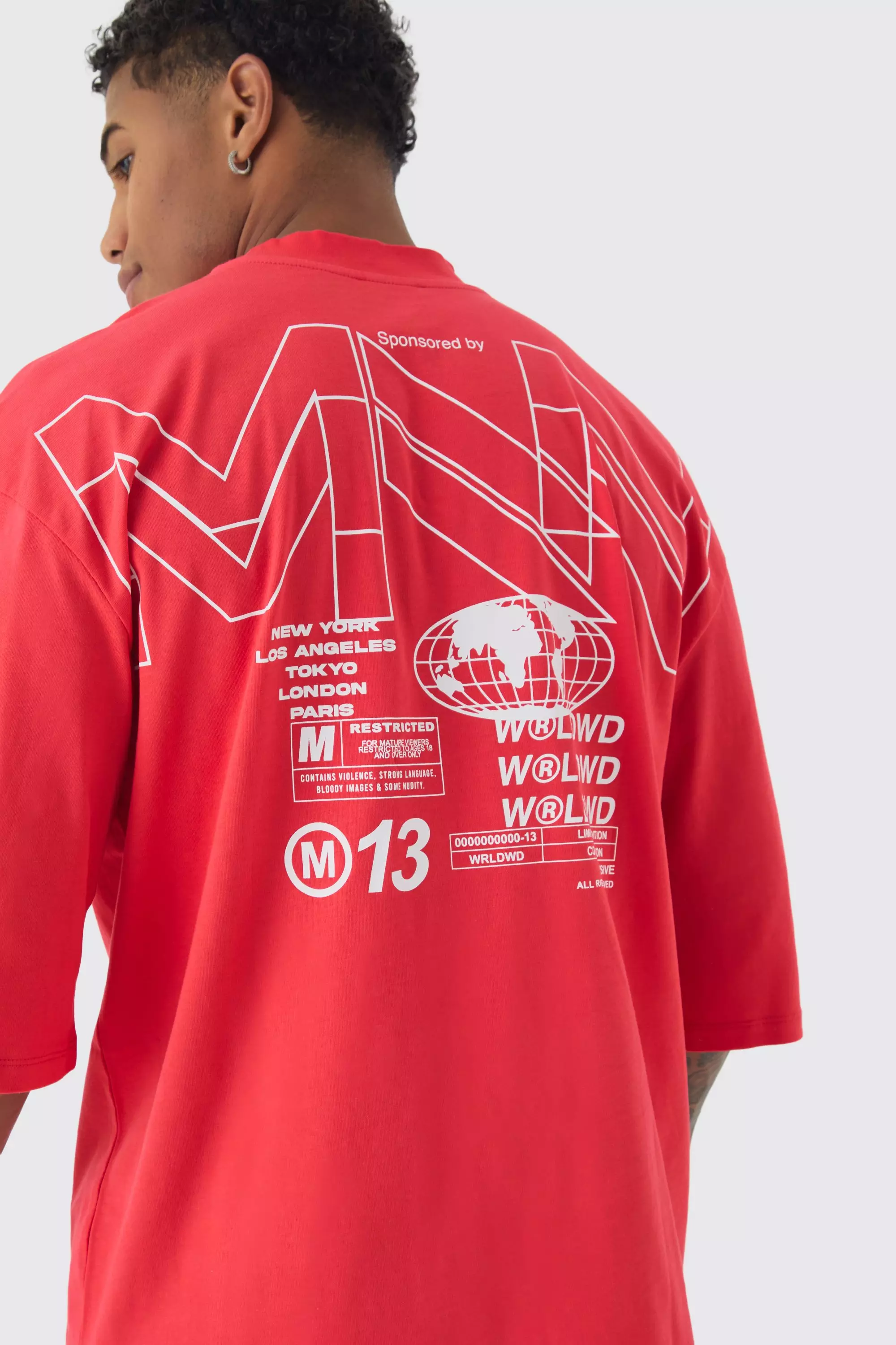 Oversized Extended Neck Back World Graphic T-shirt Red