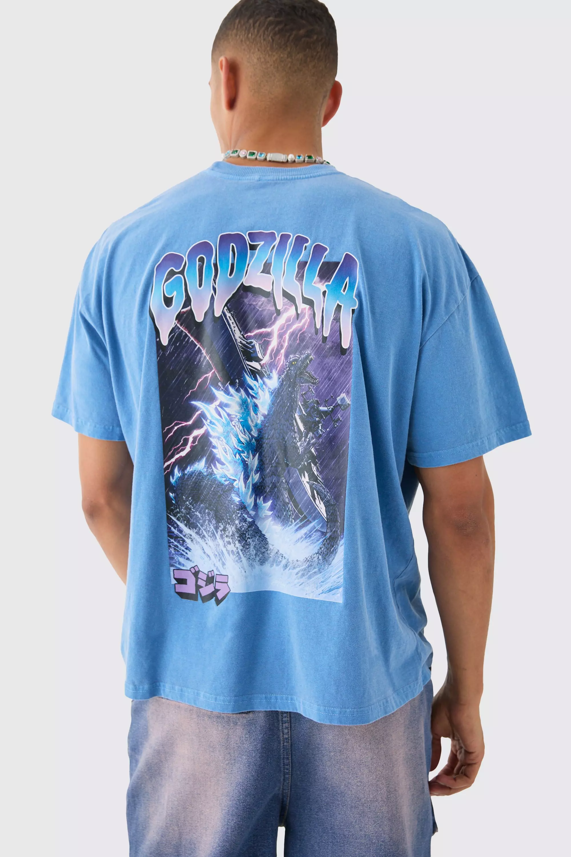 Oversized Godzilla Anime Wash License T-shirt Blue