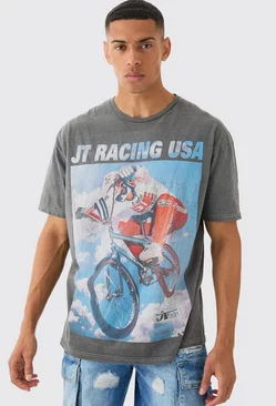 Charcoal Grey Oversized Jt Racing Wash License T-shirt