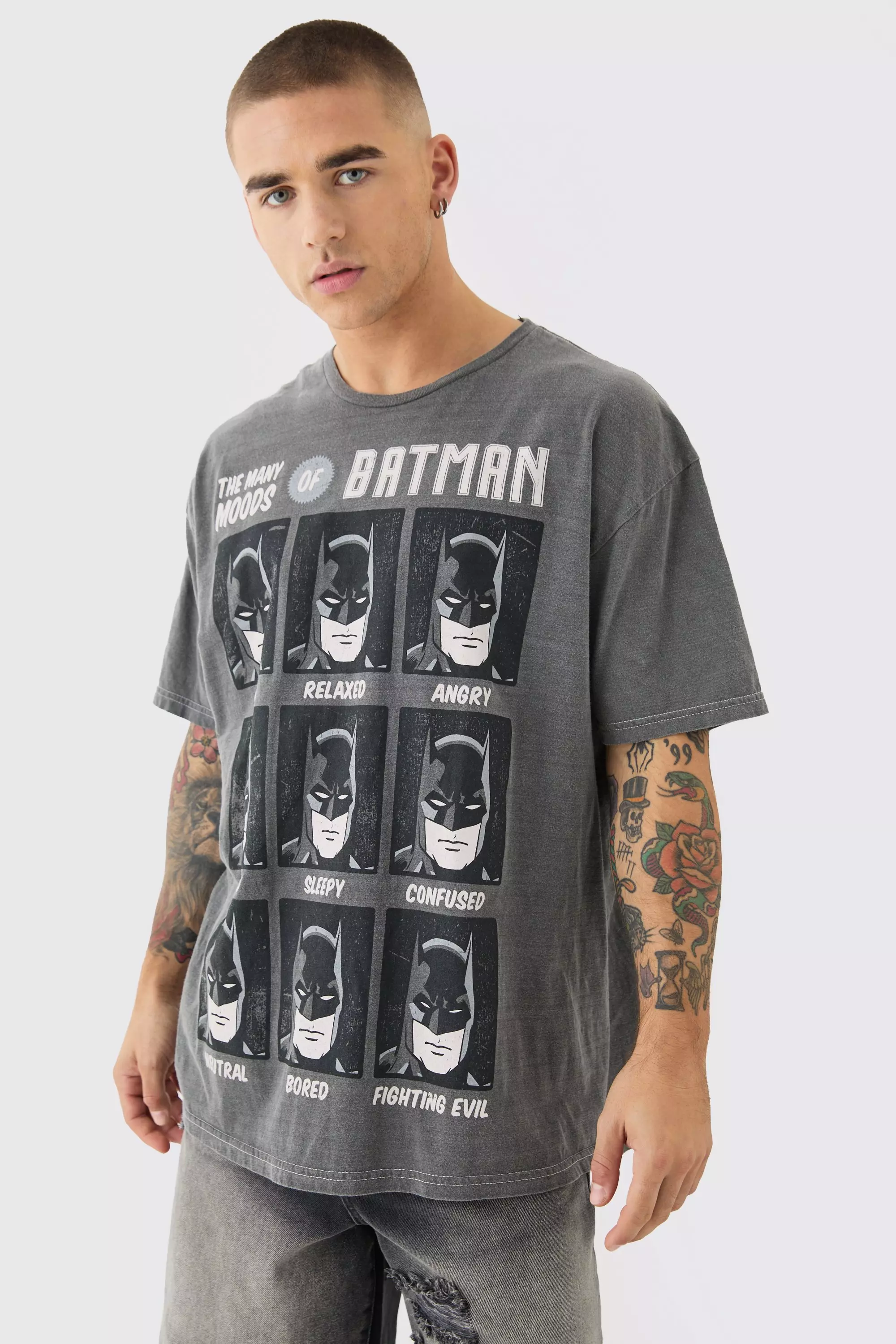 Oversized DC Batman License Wash T-shirt Charcoal