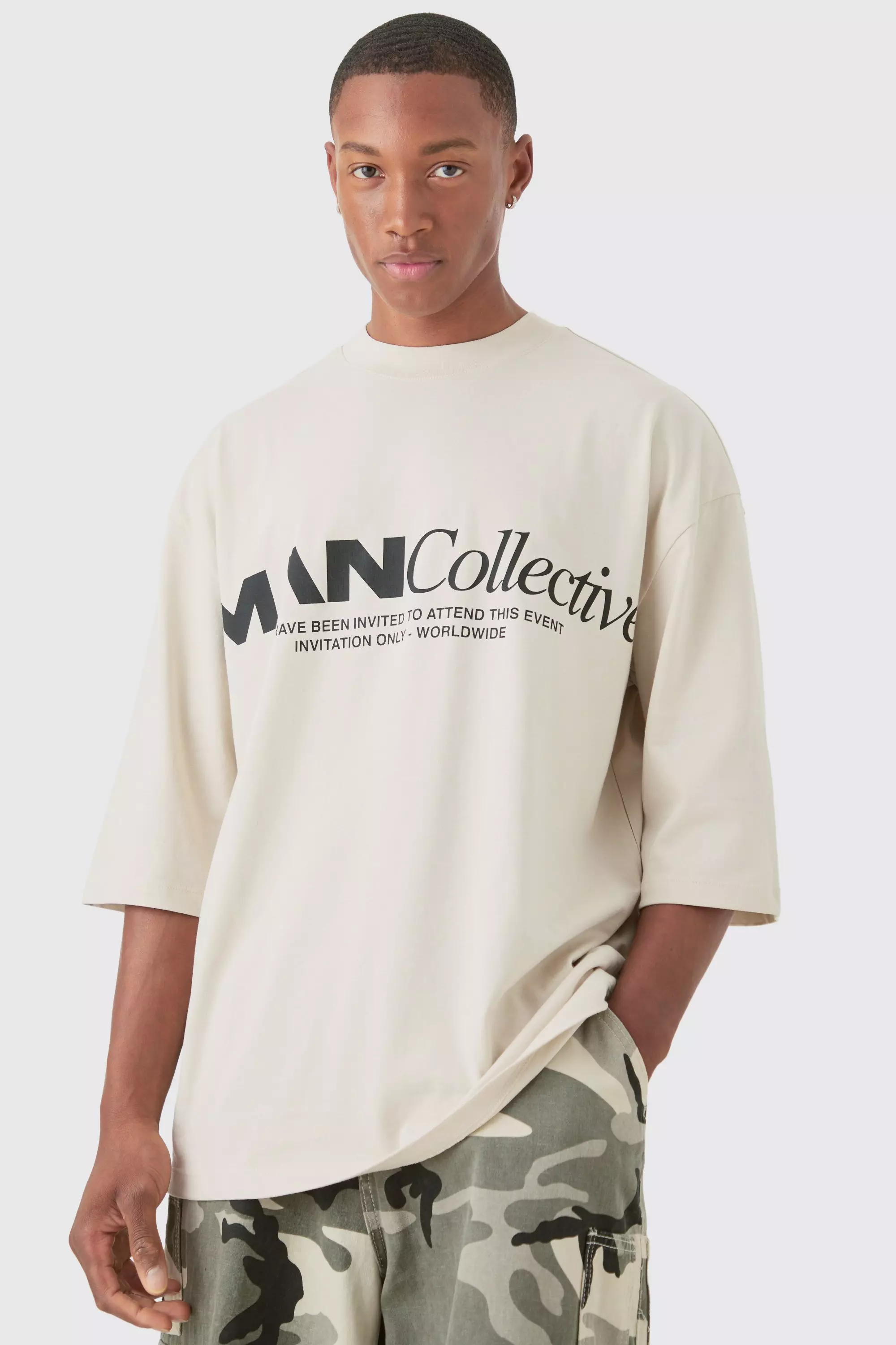 Oversized Extended Neck Man Collective T-shirt Stone