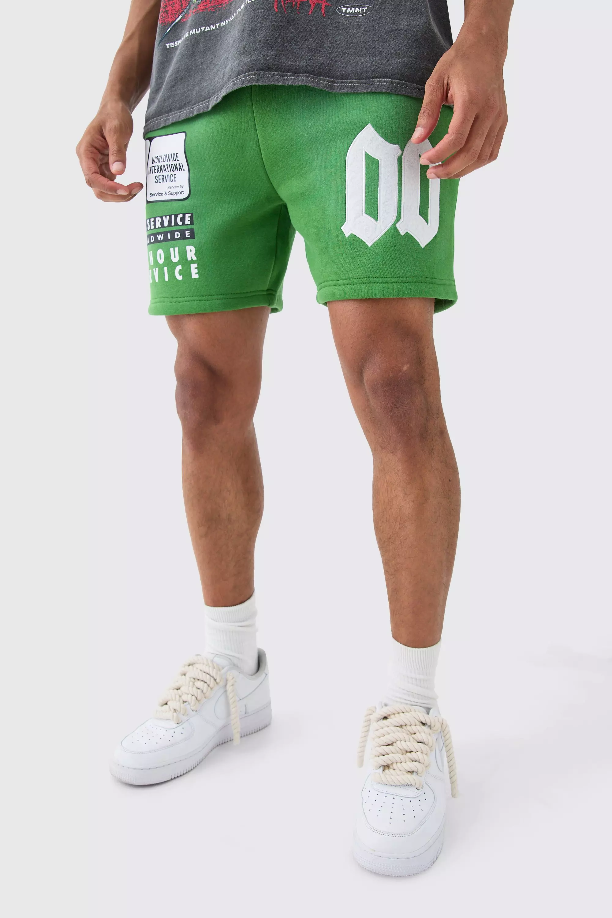 Basketball Washed Applique Moto Printed Shorts Green