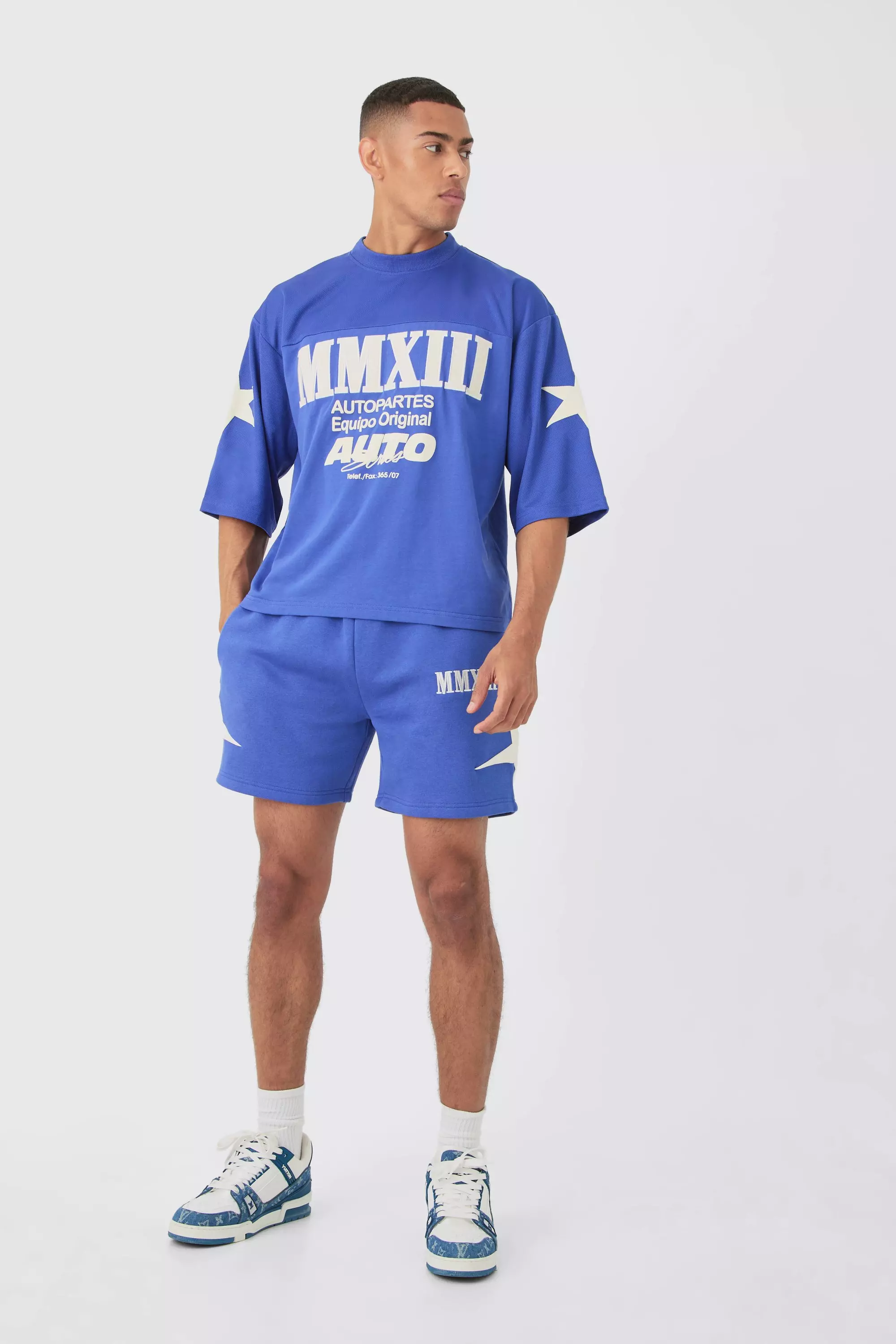 Oversized Boxy Half Sleeve Applique Moto T-shirt & Short Set Blue