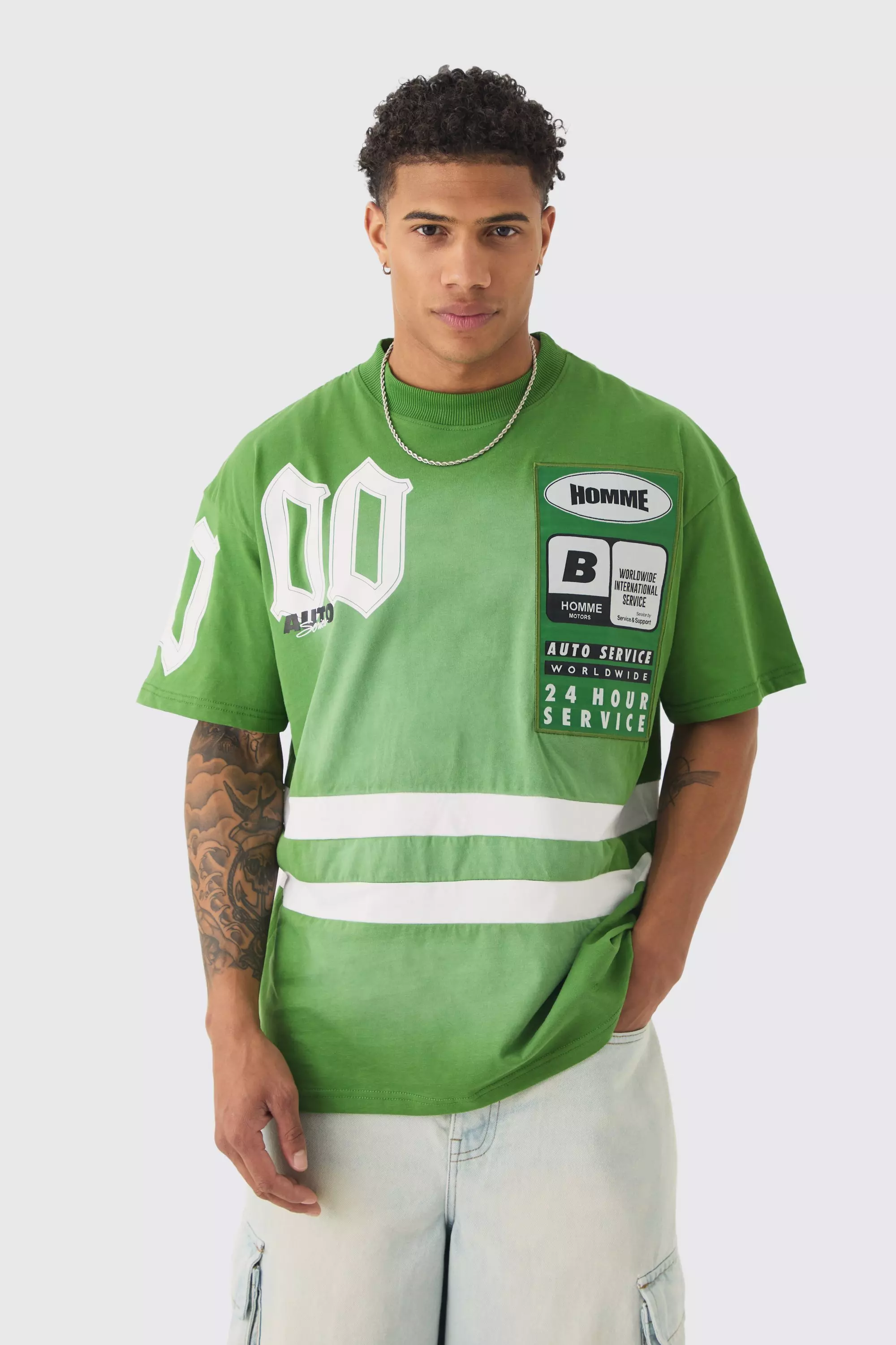 Oversized Boxy Extended Neck Washed Applique Moto T-shirt Green