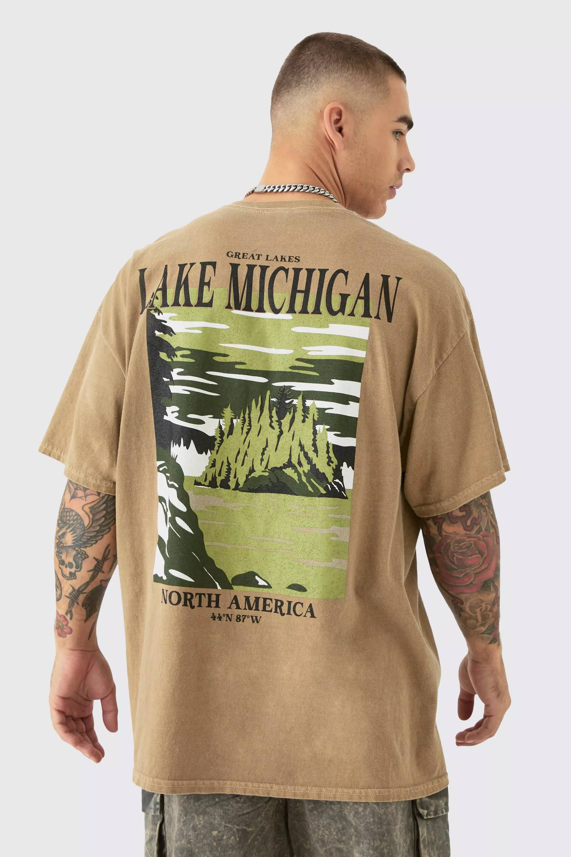 Khaki Oversized Washed Lake Michigan Printed T-shirt