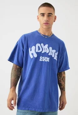 Oversized Washed Homme Printed T-shirt Cobalt