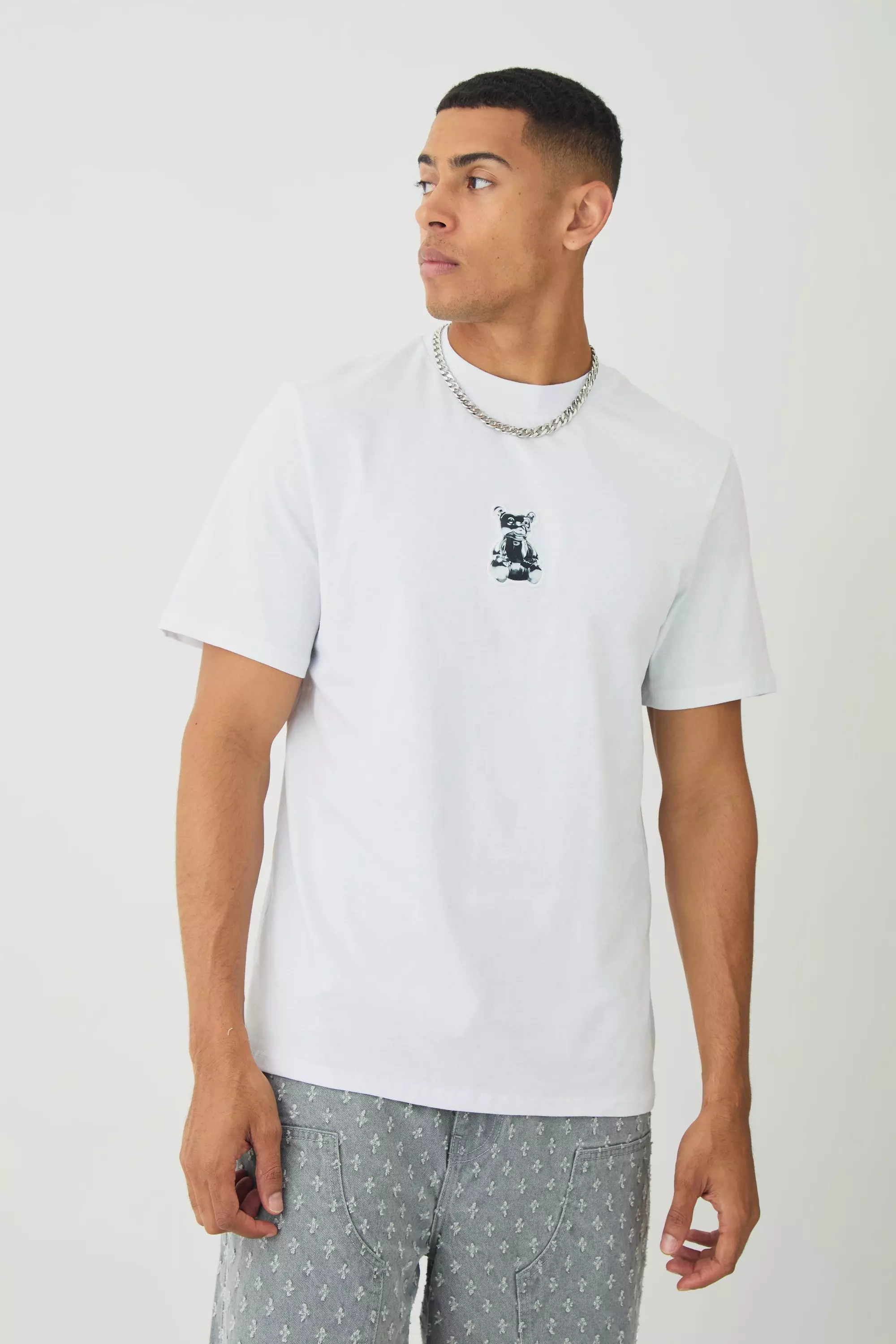 Extended Neck Metallic Bear T-shirt White