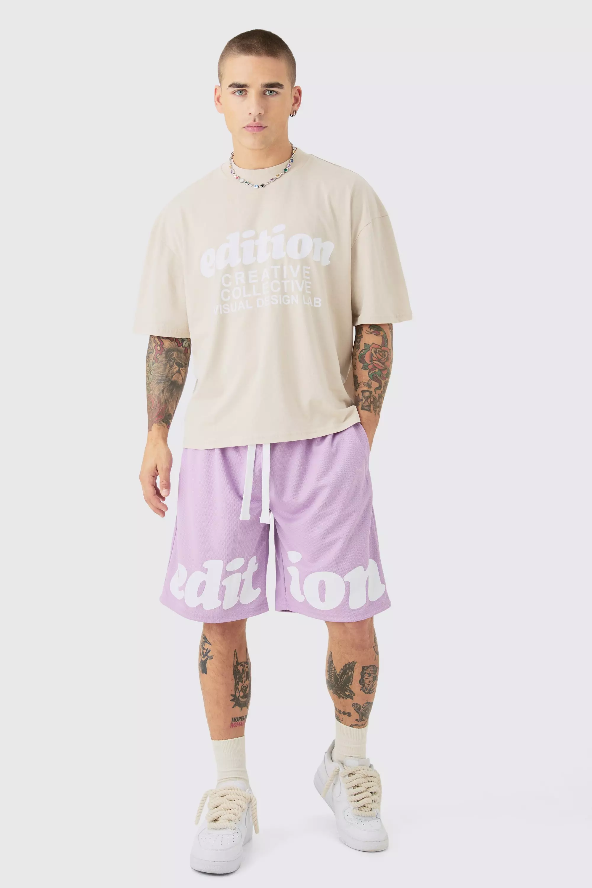 Oversized Boxy Extended Neck Edition T-shirt Mesh Shorts Set Lilac