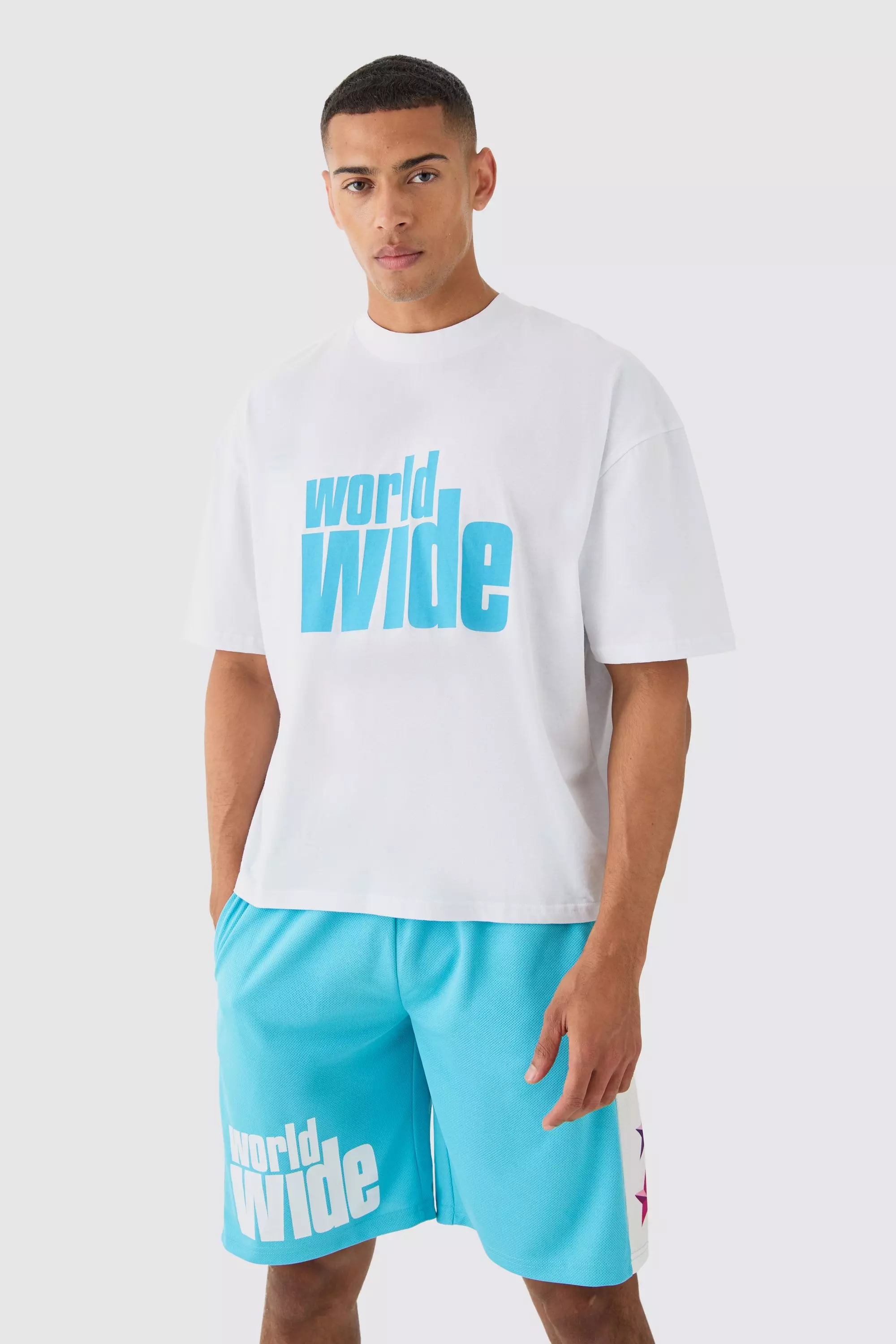 Oversized Boxy Extended Neck Worldwide T-shirt Mesh Shorts Set Blue