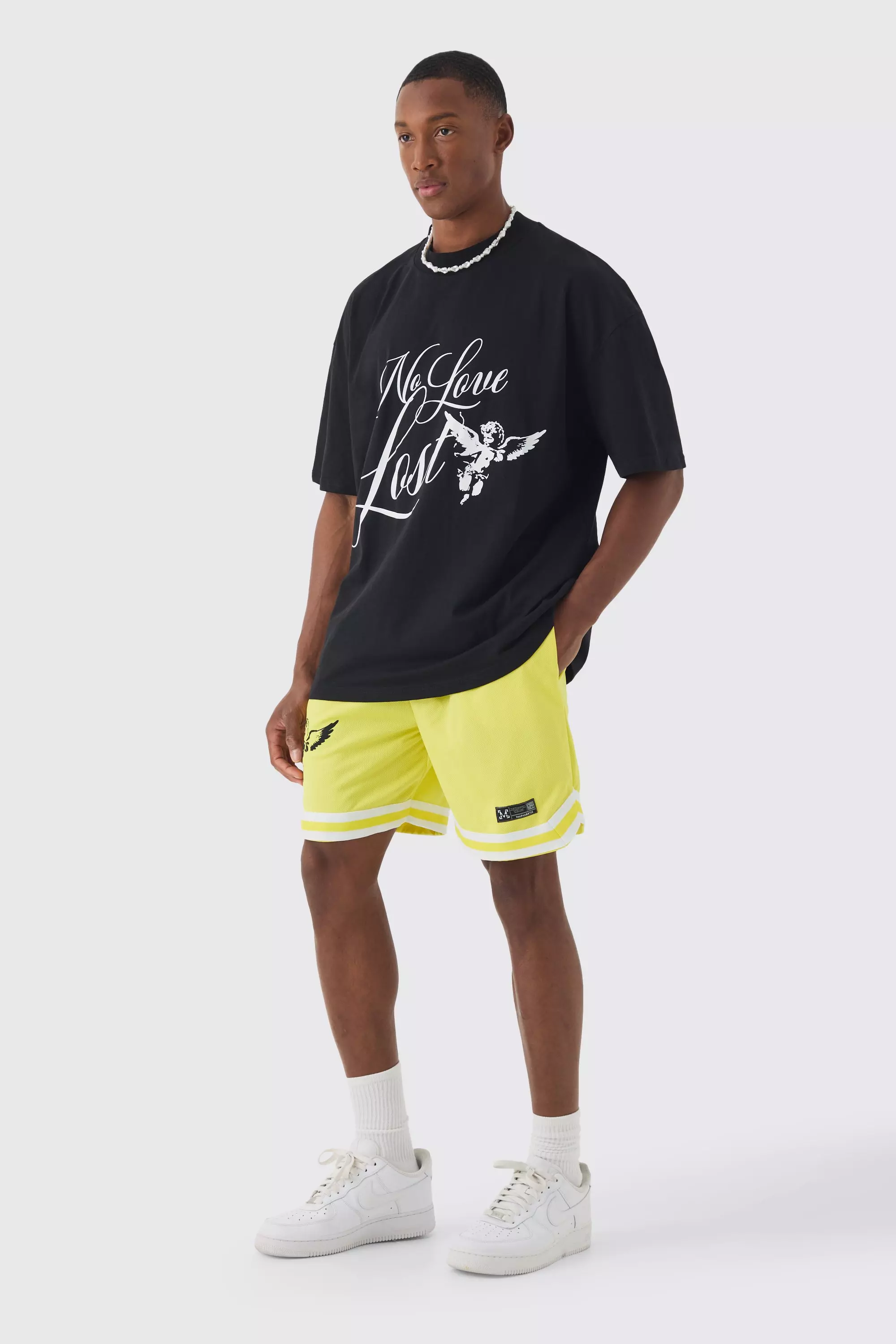 Yellow Oversized Extended Neck No Love T-shirt And Mesh Shorts Set