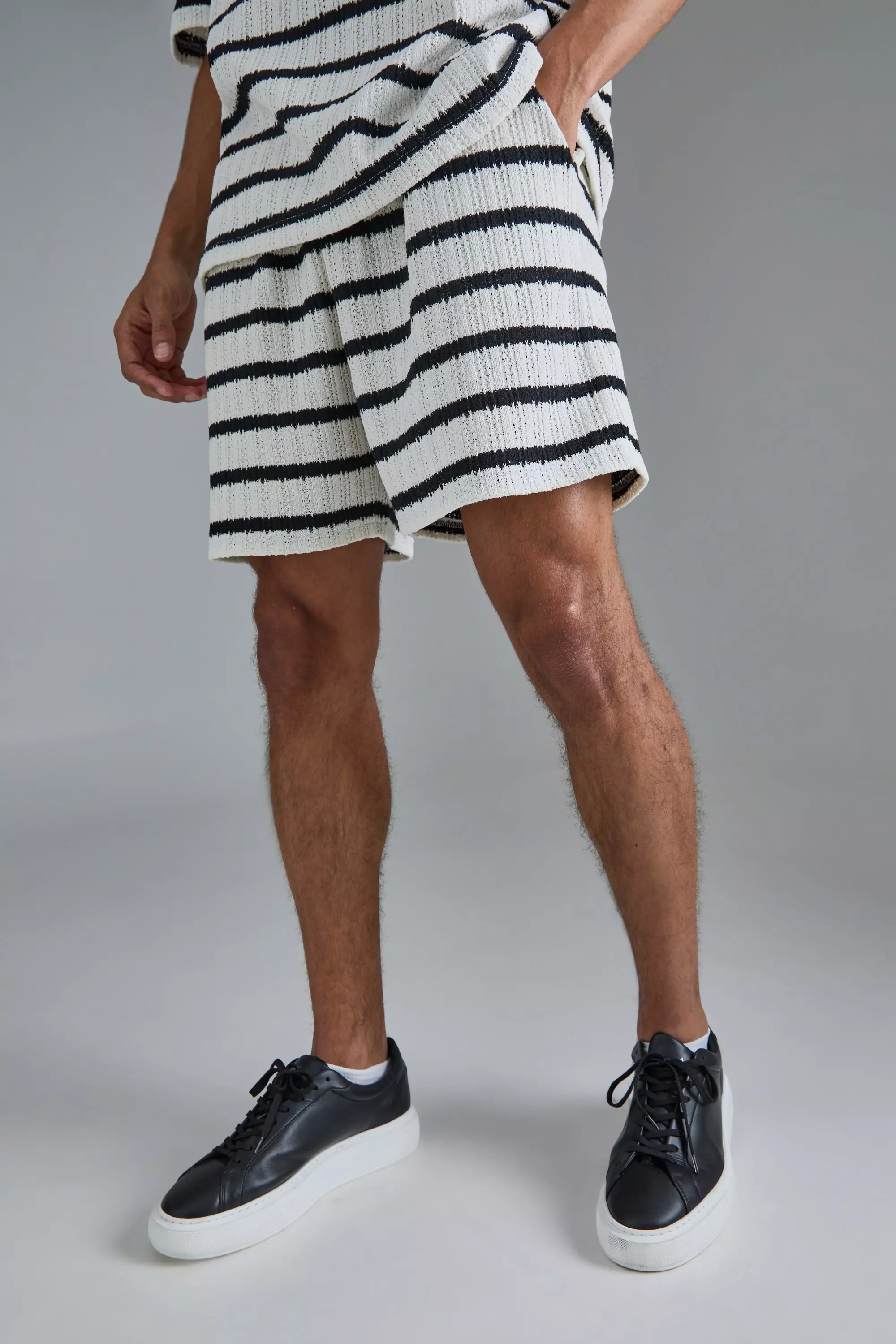 Boxy Textured Stripe Shorts Black