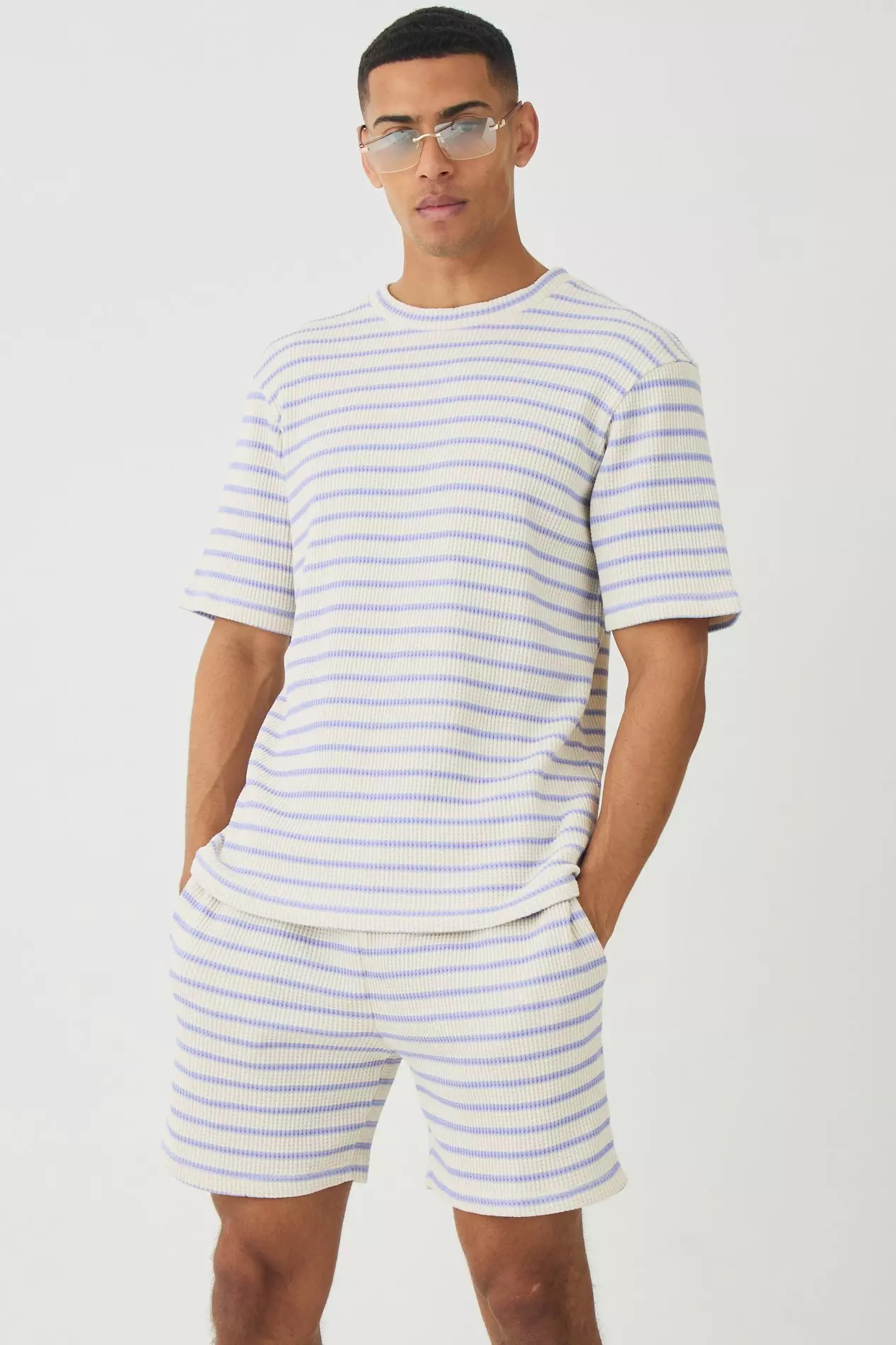 Regular Fit Waffle Stripe T-shirt & Shorts Set cornflower blue