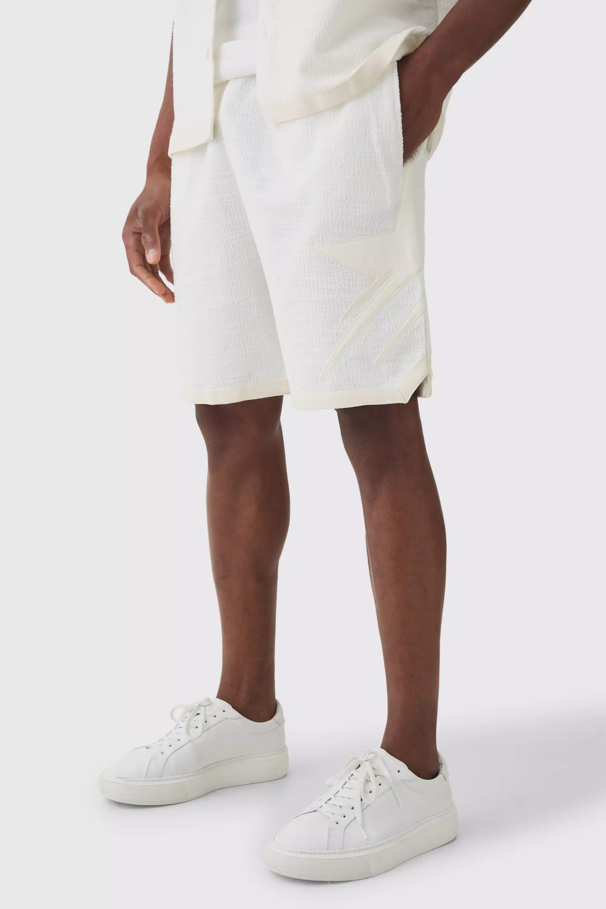 Textured Star Embroidered Mid Length Basketball Short Ecru