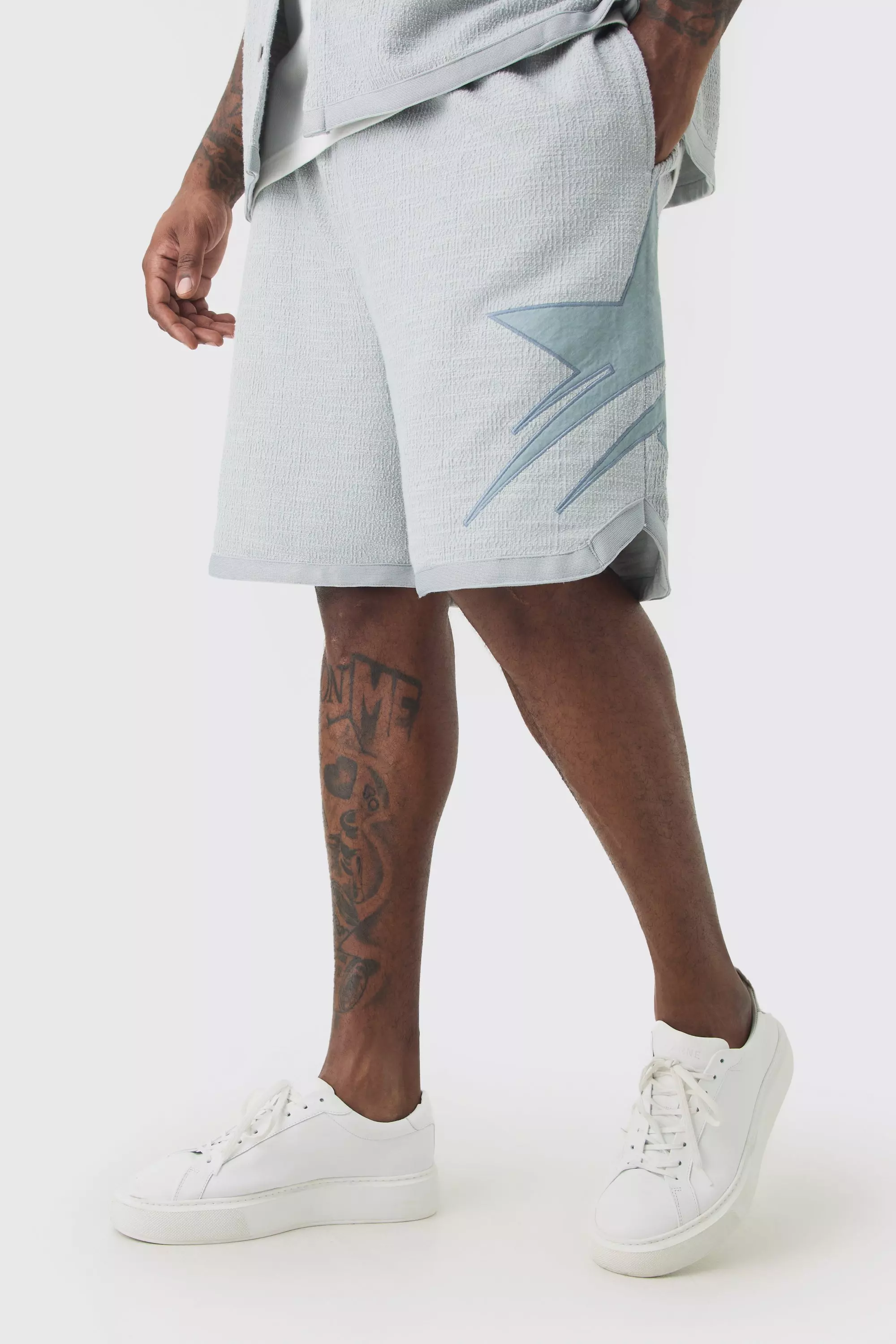 Plus Textured Star Embroidered Mid Length Basketball Short Grey